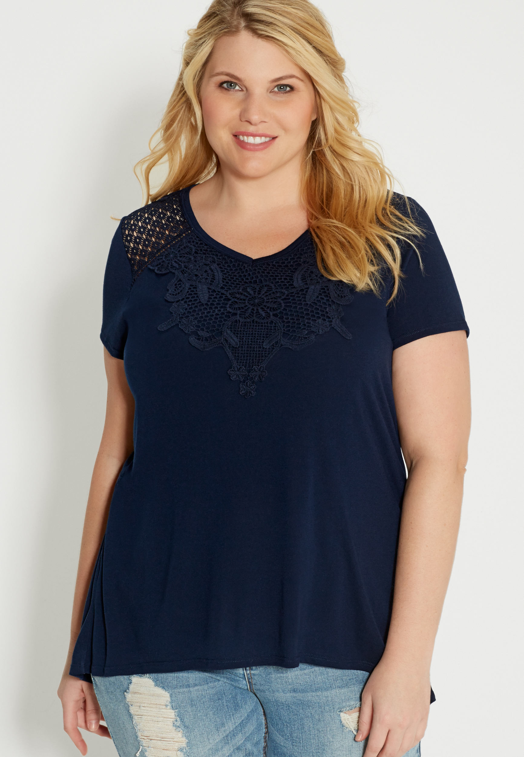 plus size lace and crocheted tee with button cinched back | maurices