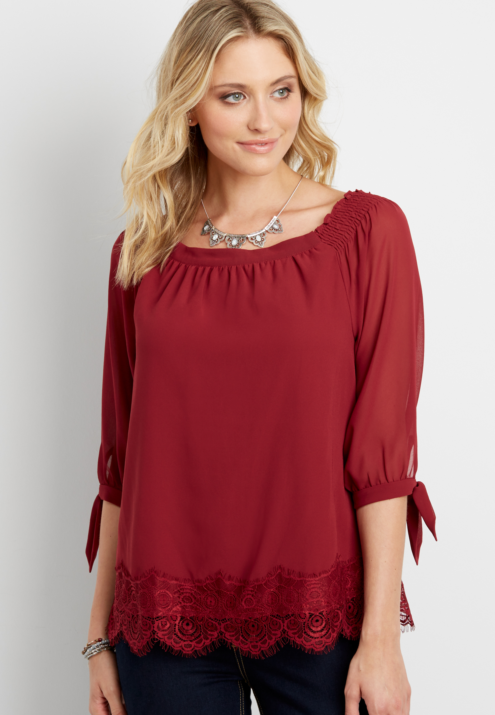 off the shoulder chiffon blouse with lace hem | maurices