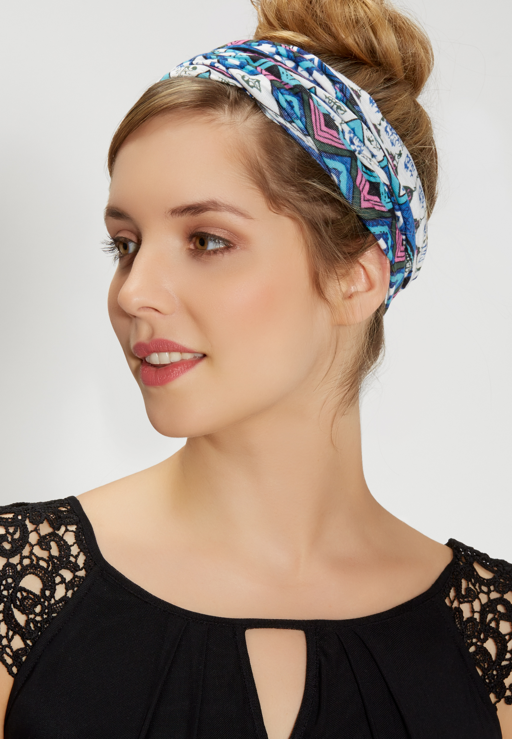 knit headwrap in blue mixed prints | maurices