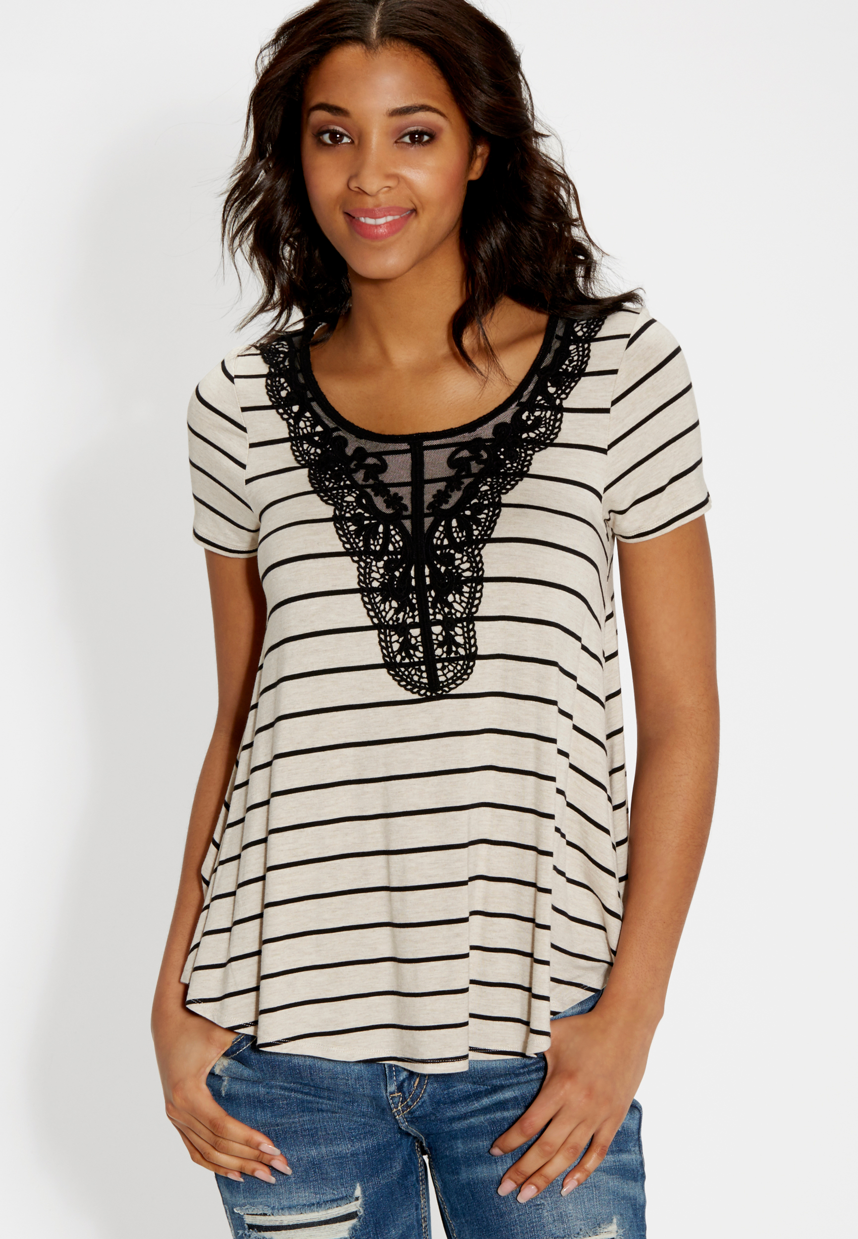 swing tee with crochet and heathered stripes | maurices