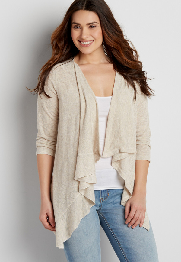 lightweight asymmetrical cardigan with ruffle | maurices