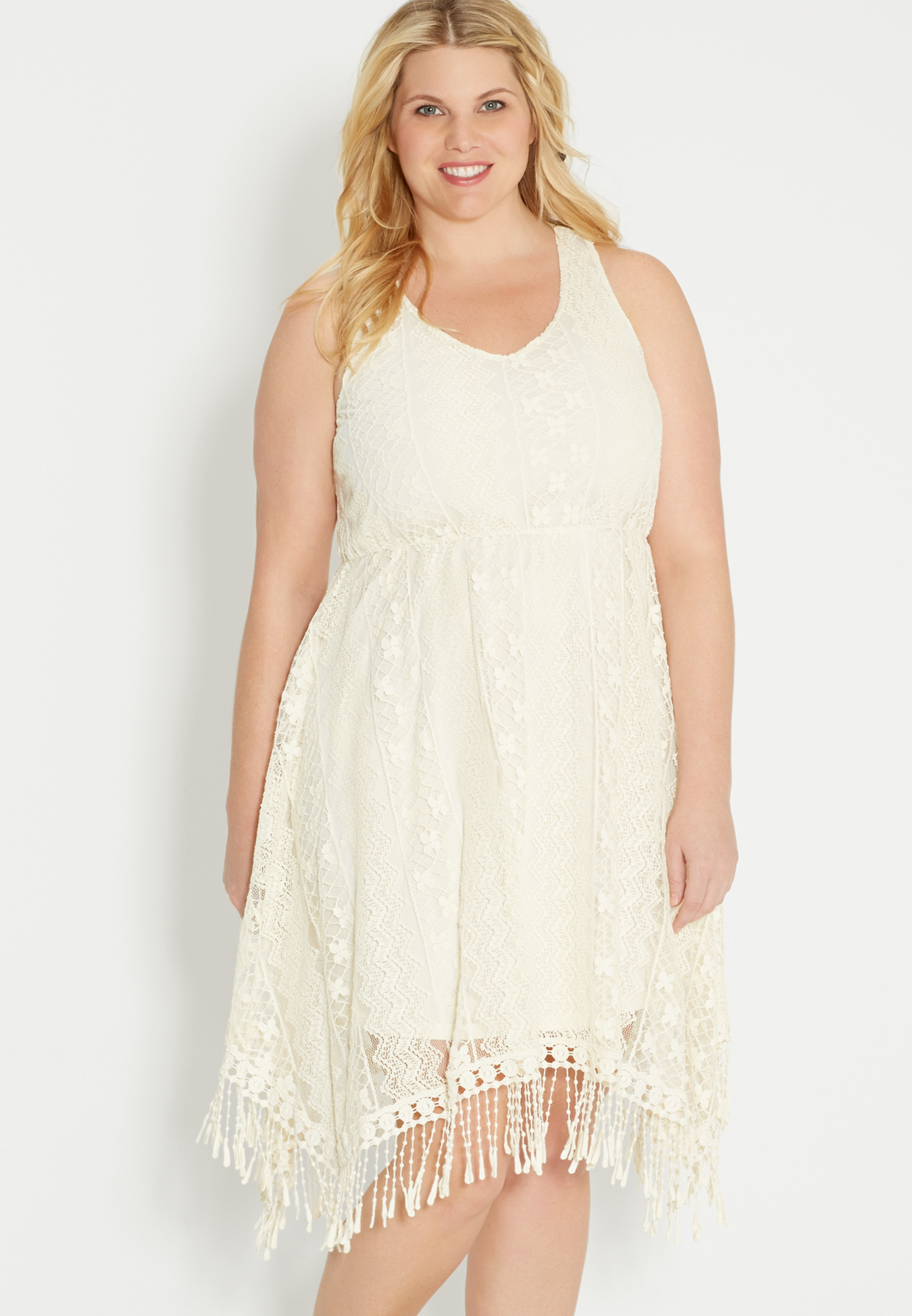 plus size lace dress with fringed hanky hem | maurices