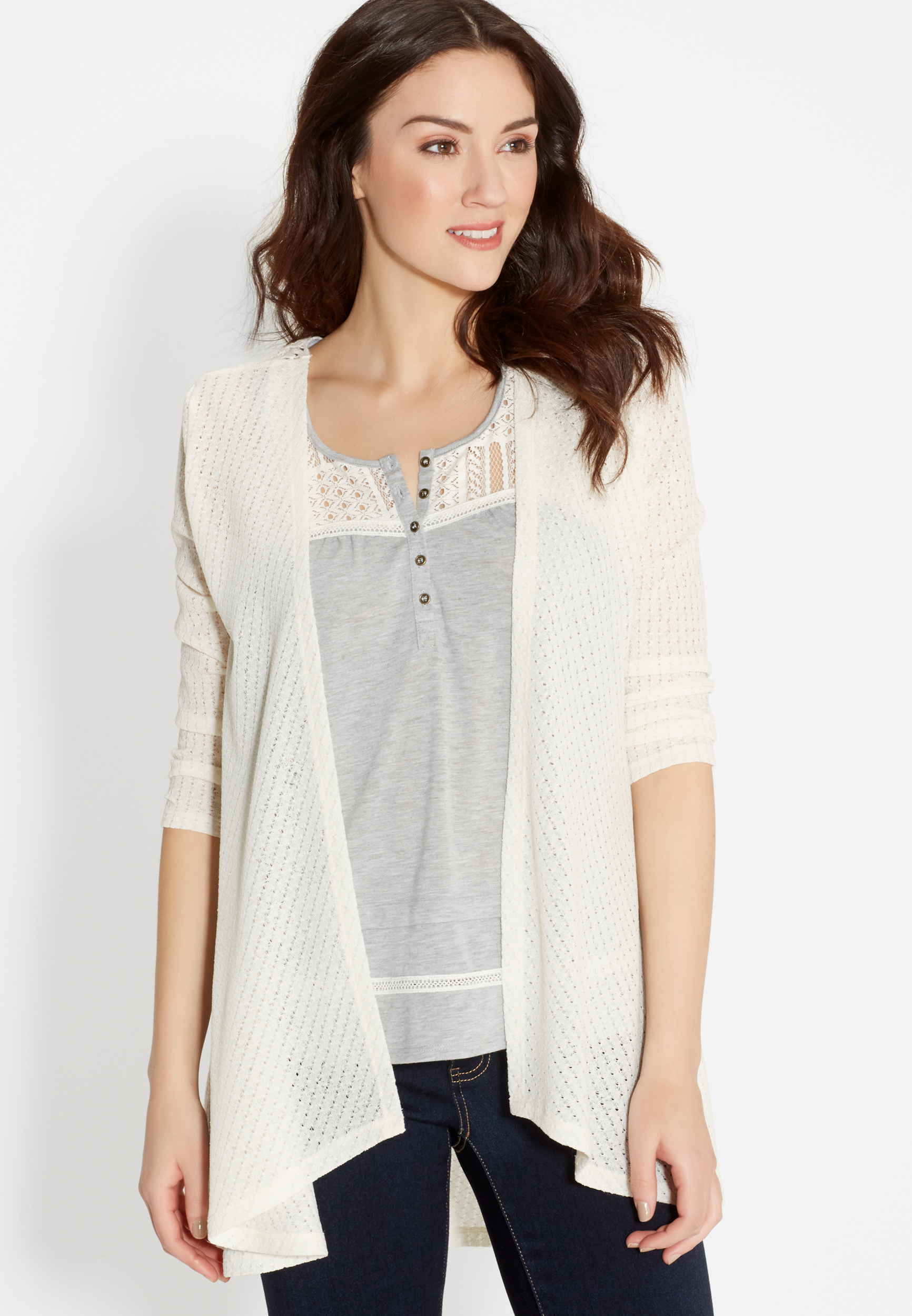 lightweight drape front cardigan with crocheted back | maurices