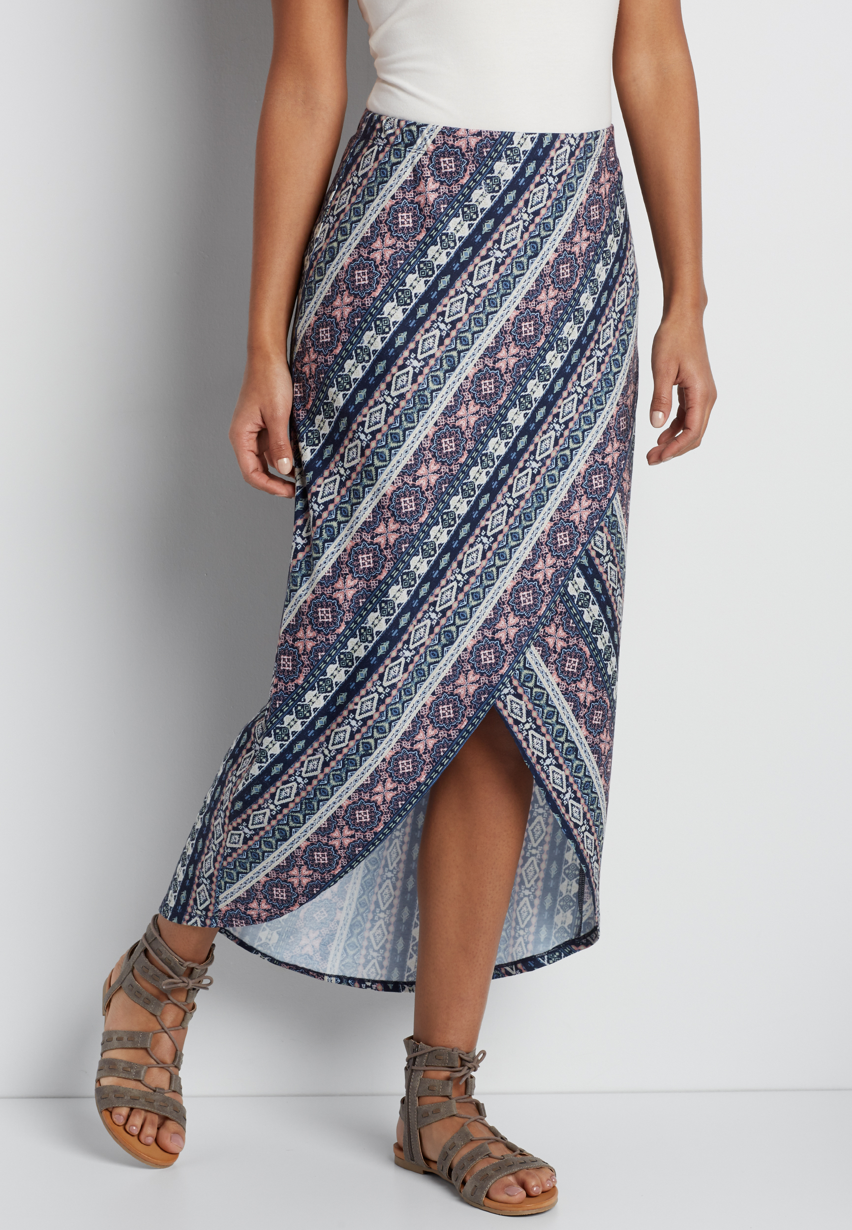 patterned wrap style maxi skirt with tulip hem | maurices