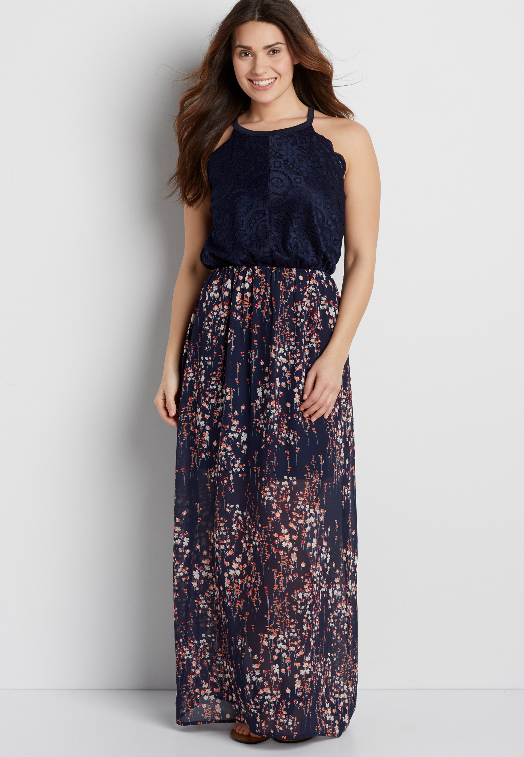 floral print maxi dress with lace top | maurices