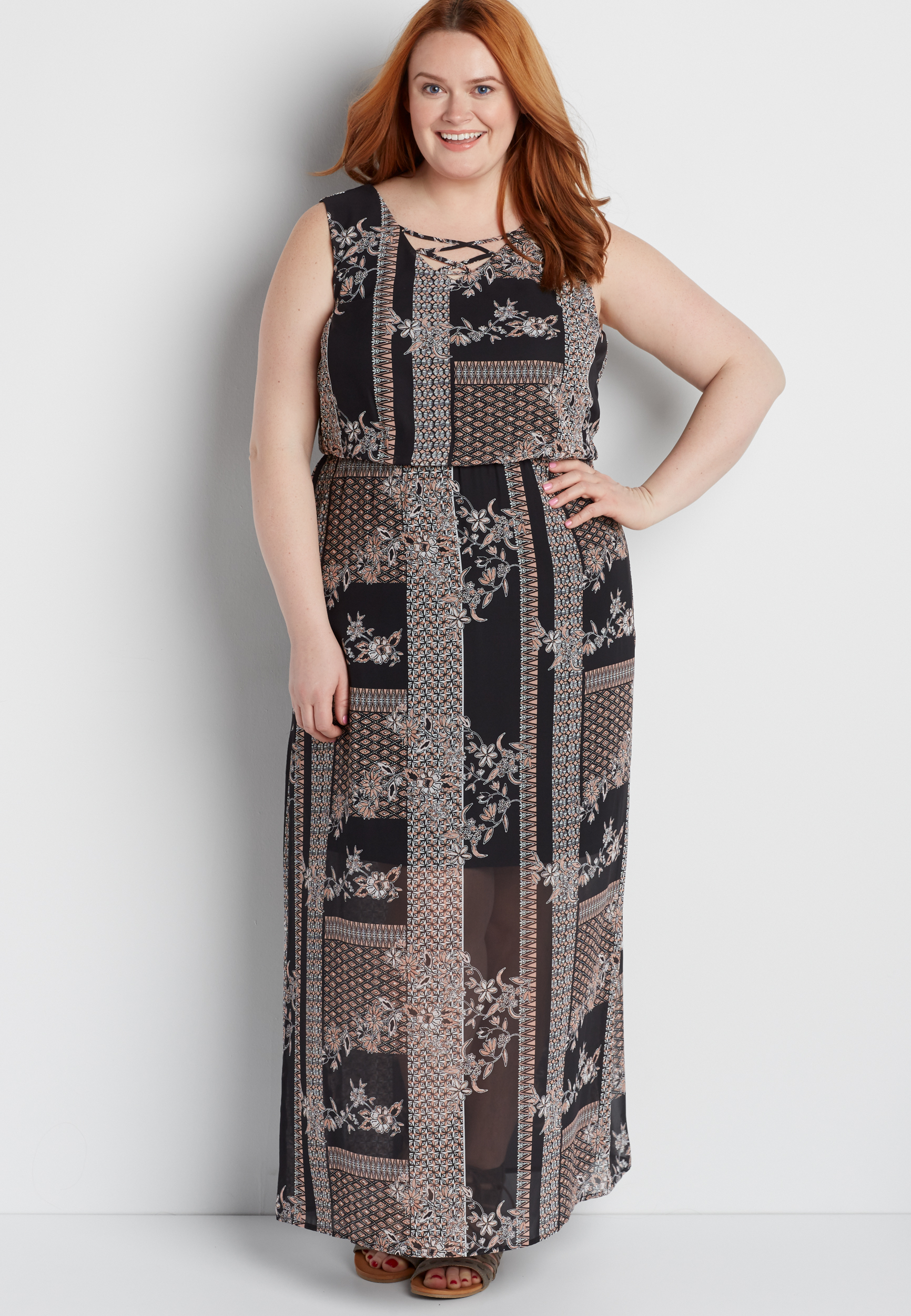 plus size chiffon maxi dress in floral patchwork print | maurices