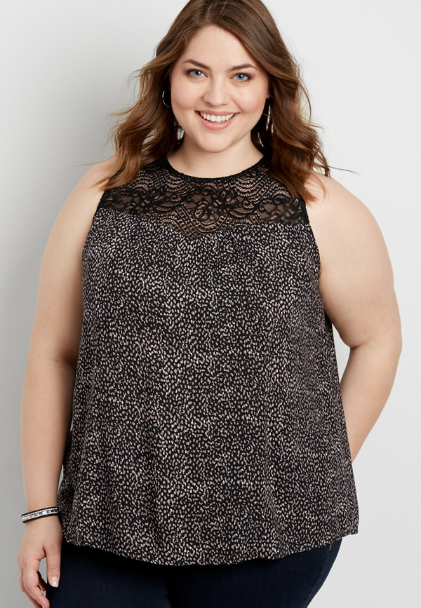 plus size high neck animal print tank with lace yoke | maurices