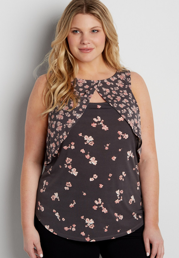 plus size floral print tank with peek-a-boo ruffle front | maurices