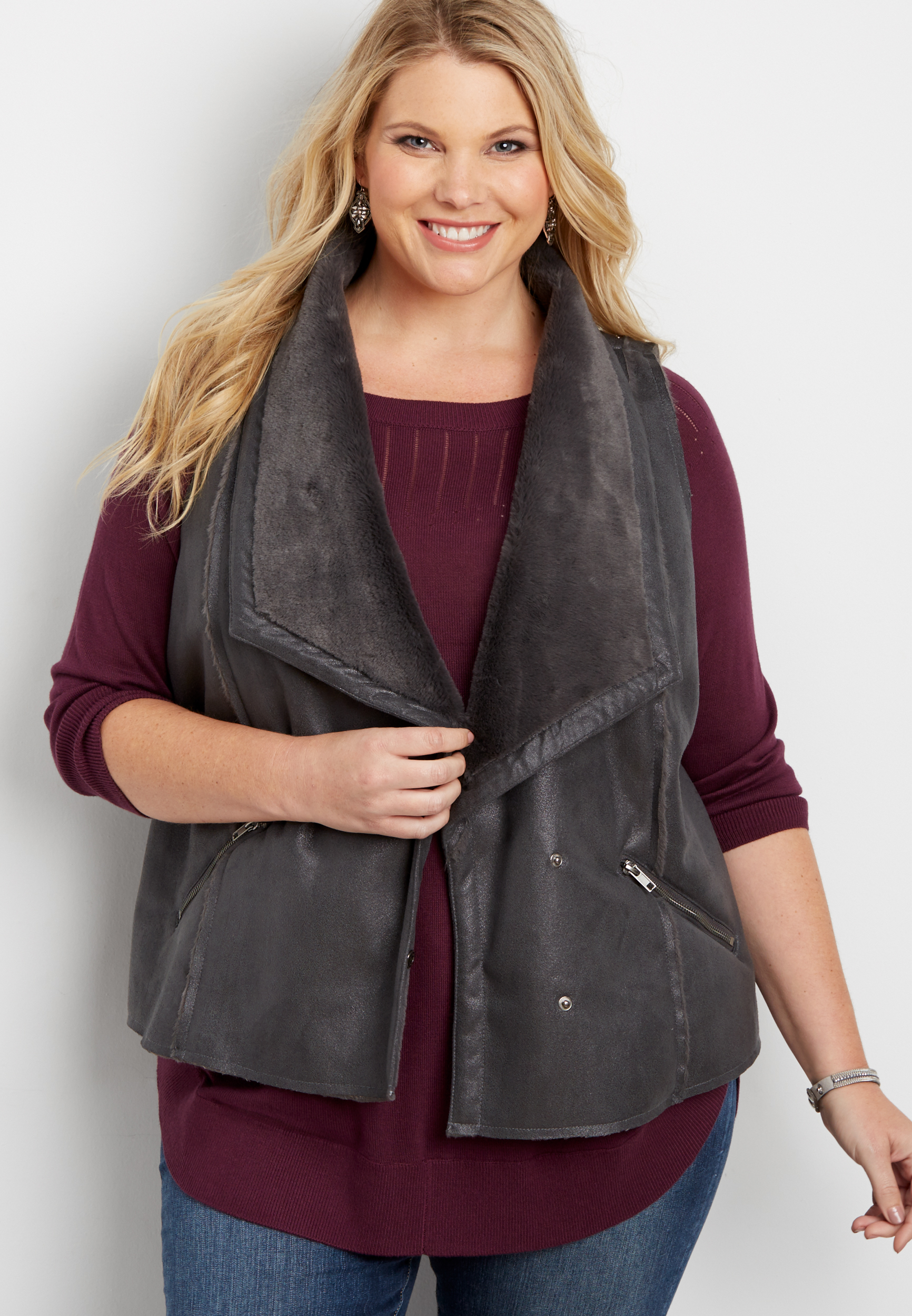 plus size faux suede vest with shimmer and faux fur lining | maurices