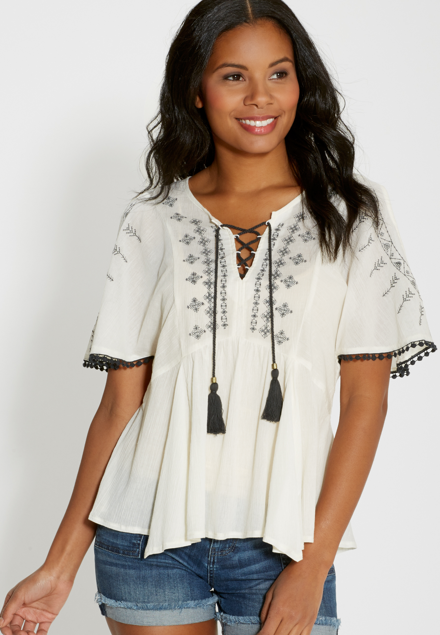 Peasant Top With Embroidery And Cold Shoulders In Off White Maurices