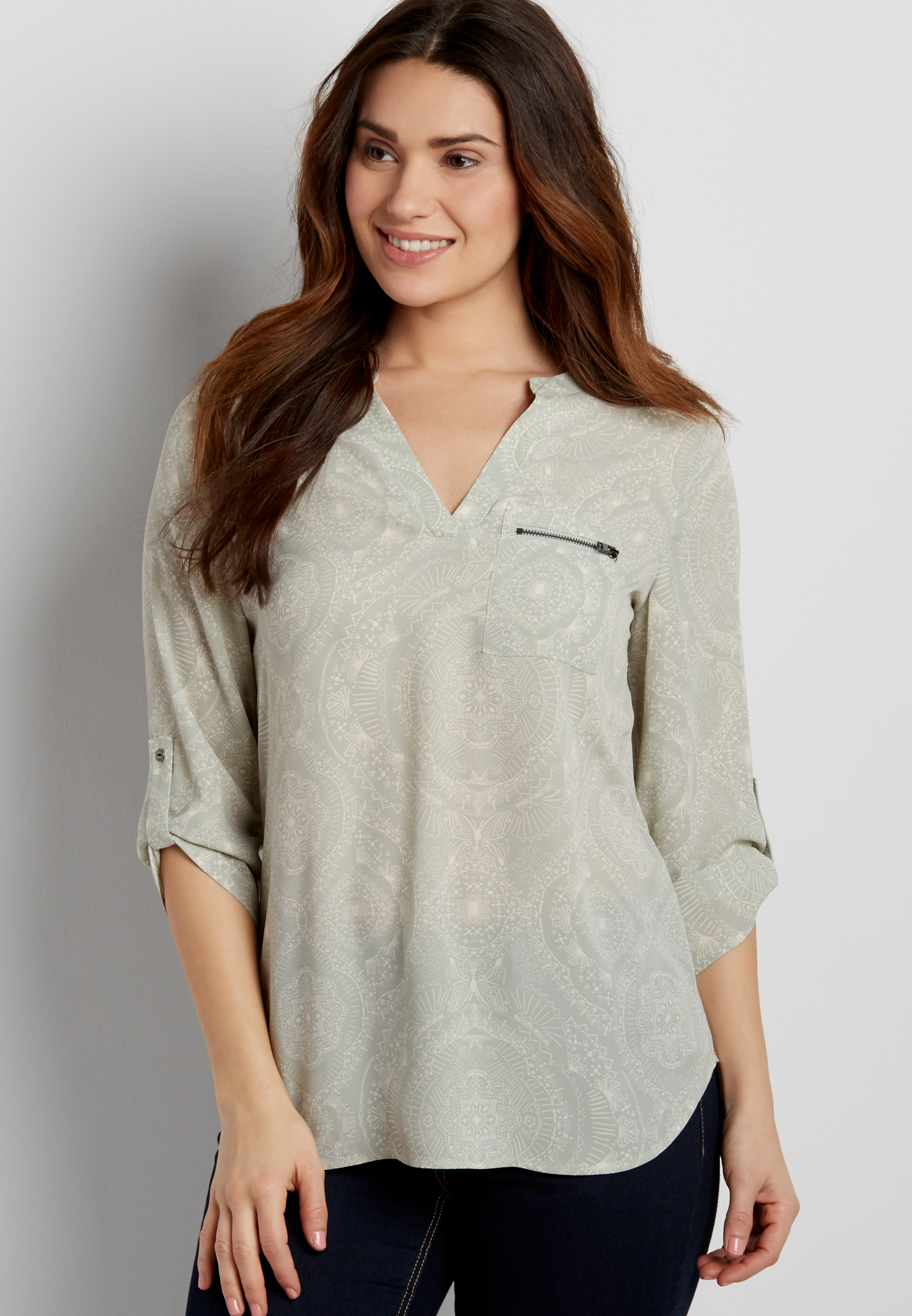 the perfect blouse with zipper pocket in medallion print | maurices