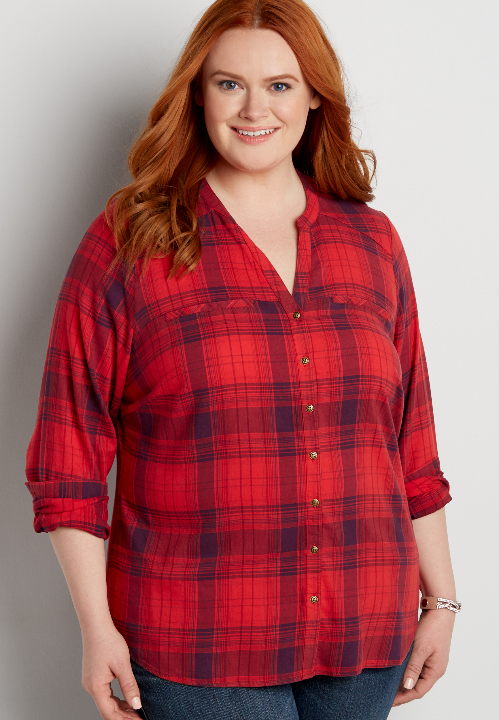 plus size button down red plaid shirt | maurices