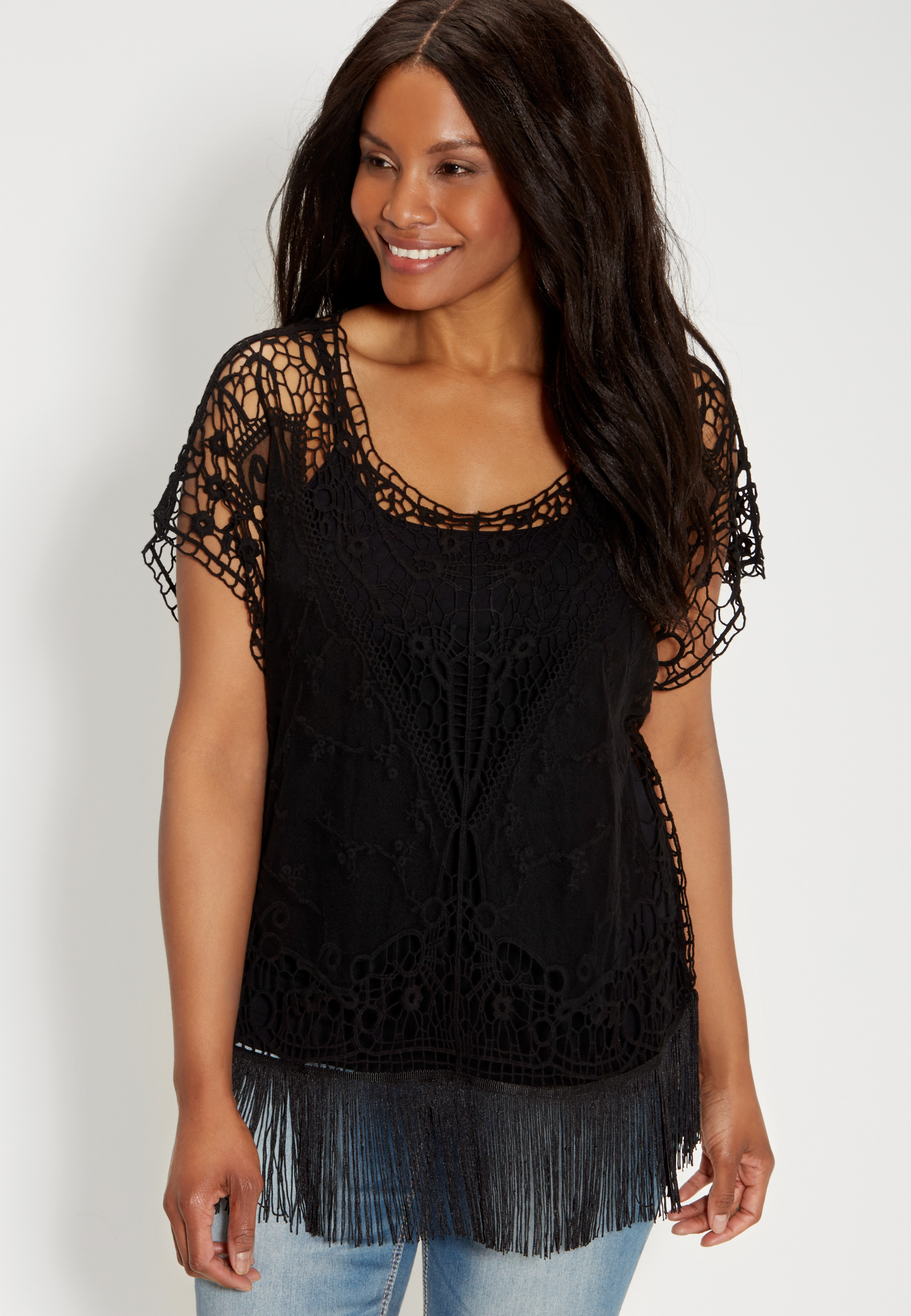 plus size crochet and embroidered mesh top with fringe maurices