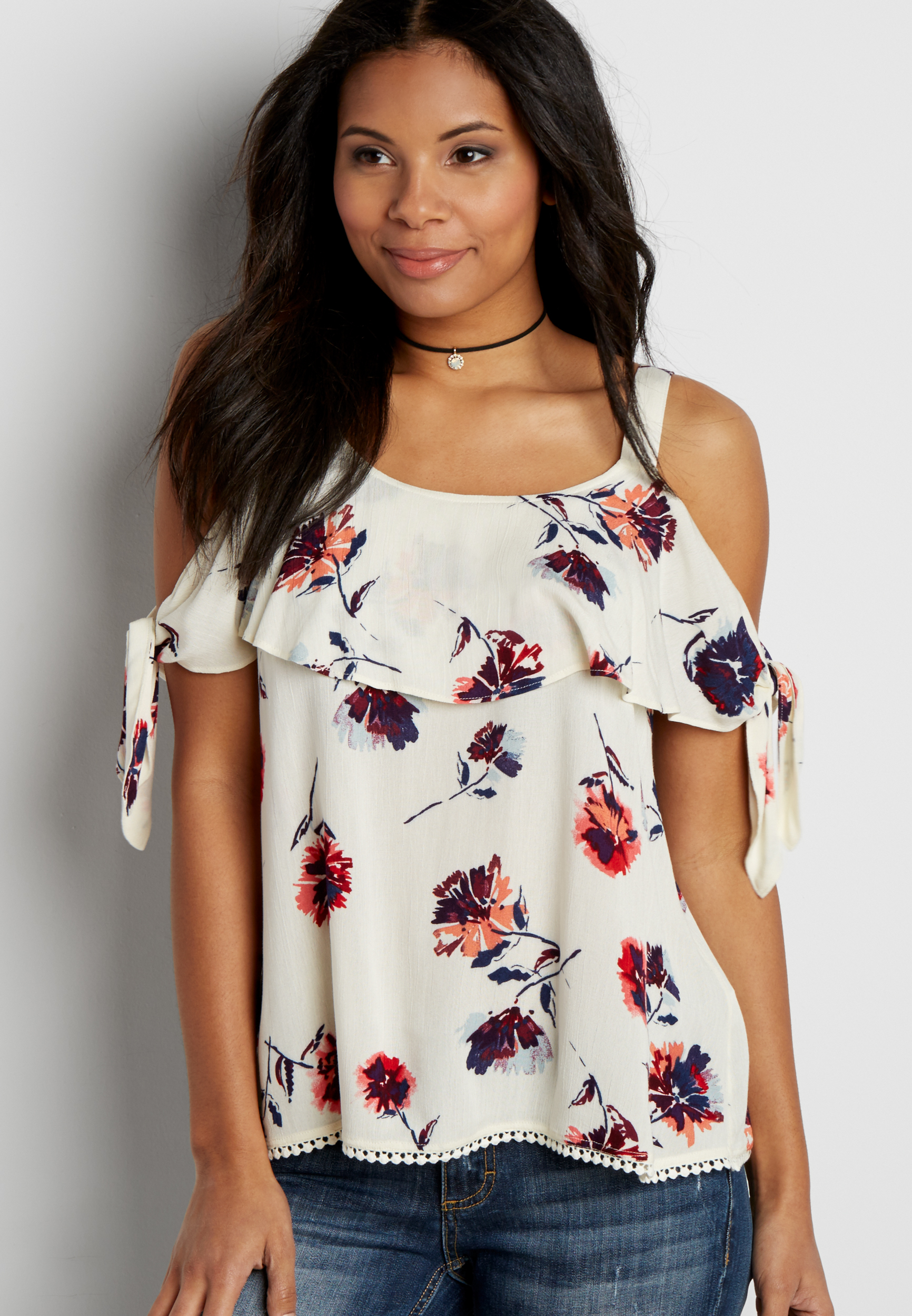 cold shoulder top with ruffle in floral print | maurices