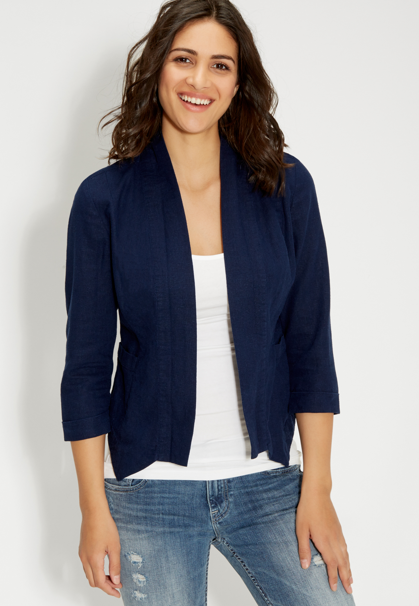 cropped linen blazer in blue jasmine | maurices