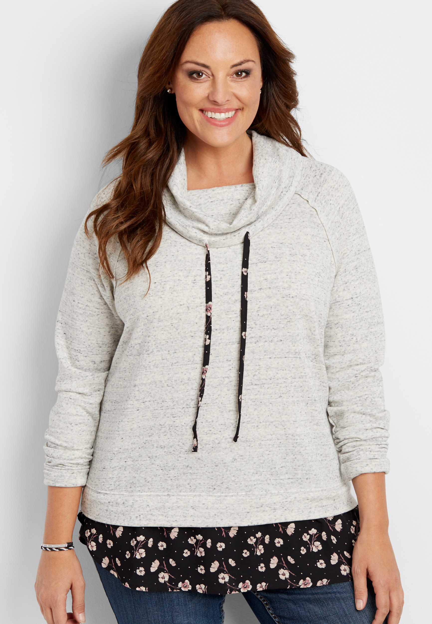 plus size cowl neck pullover sweatshirt with floral hem | maurices