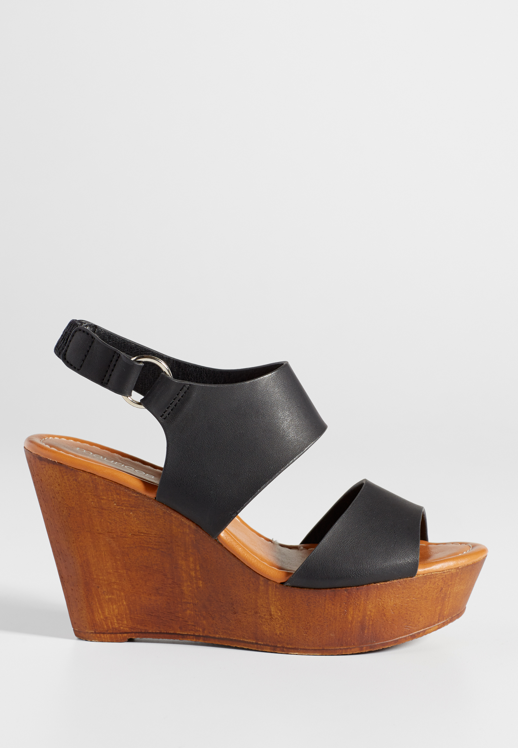 Barb two strap faux wood wedge in black | maurices