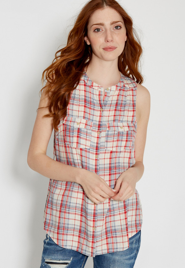 sleeveless plaid button down shirt in cherry red | maurices