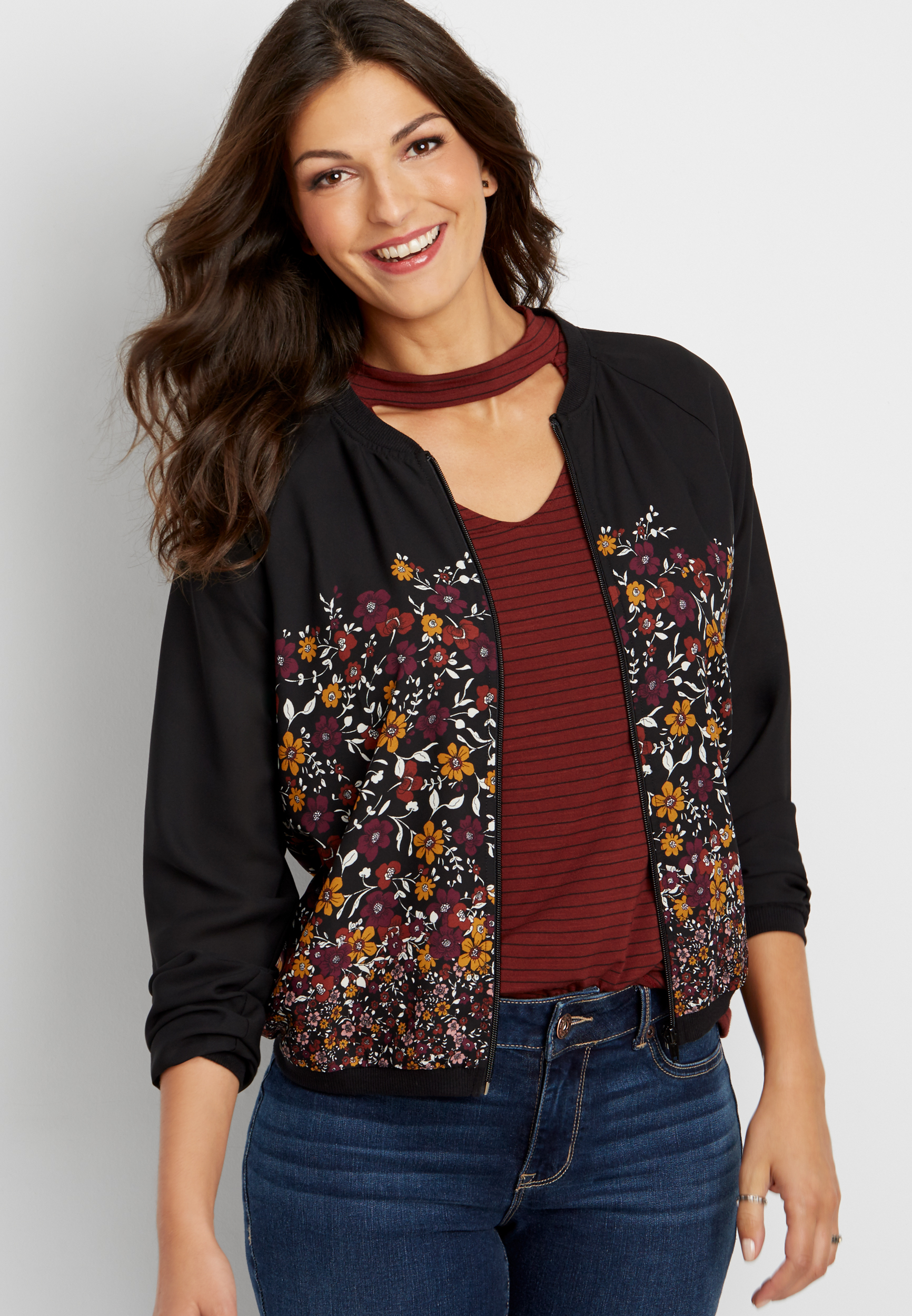 chiffon bomber jacket in floral print | maurices
