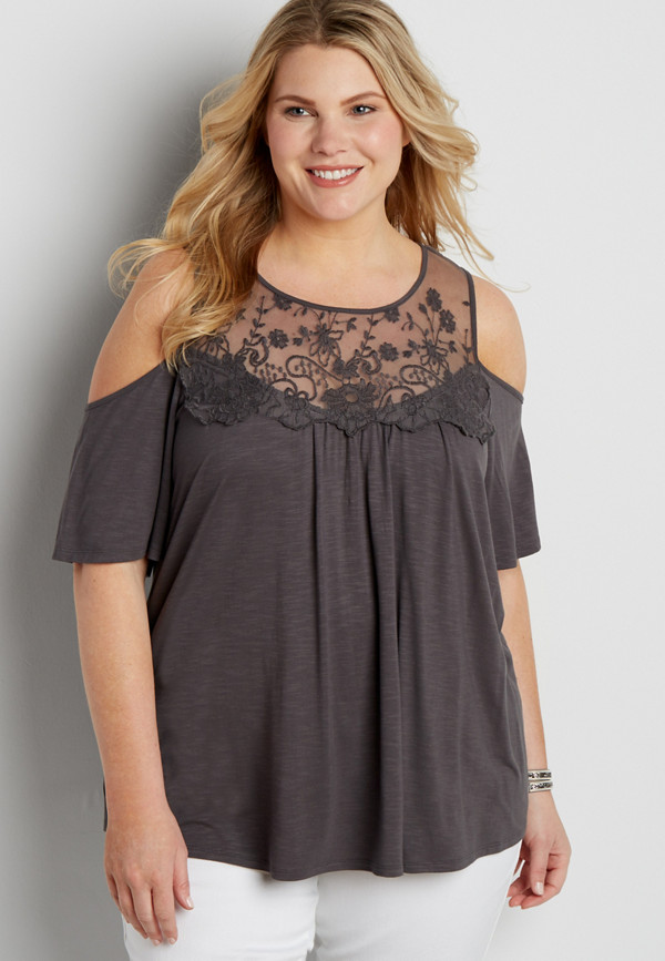 plus size cold shoulder tee with embroidered mesh yoke | maurices
