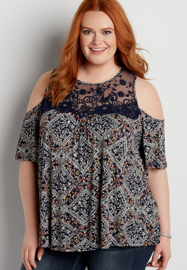 plus size cold shoulder tee with embroidered yoke | maurices