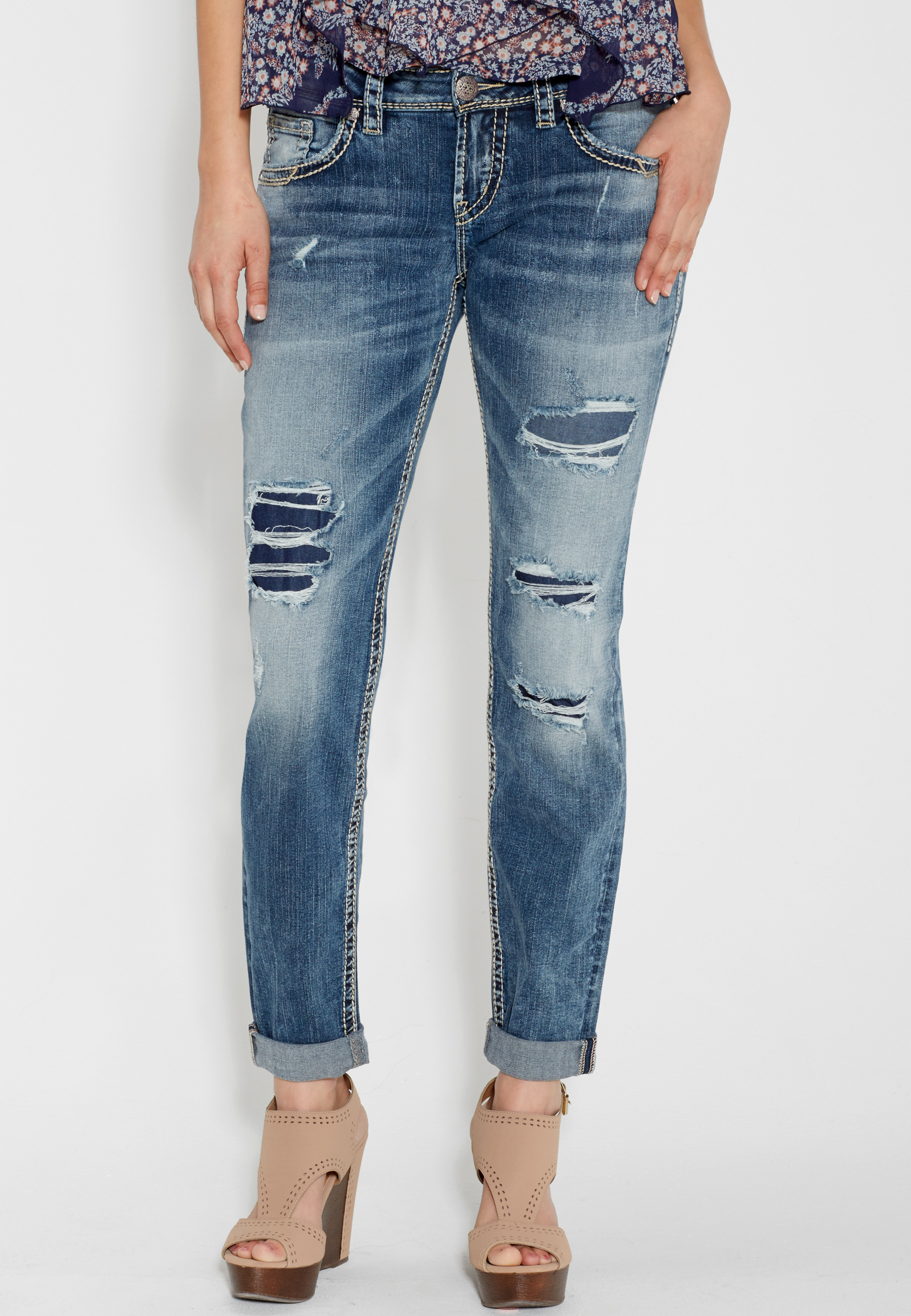 Silver Jeans Co.® destroyed boyfriend jeans in medium wash | maurices