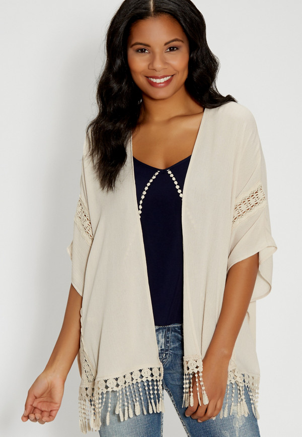 kimono with crocheted inlay and fringe | maurices