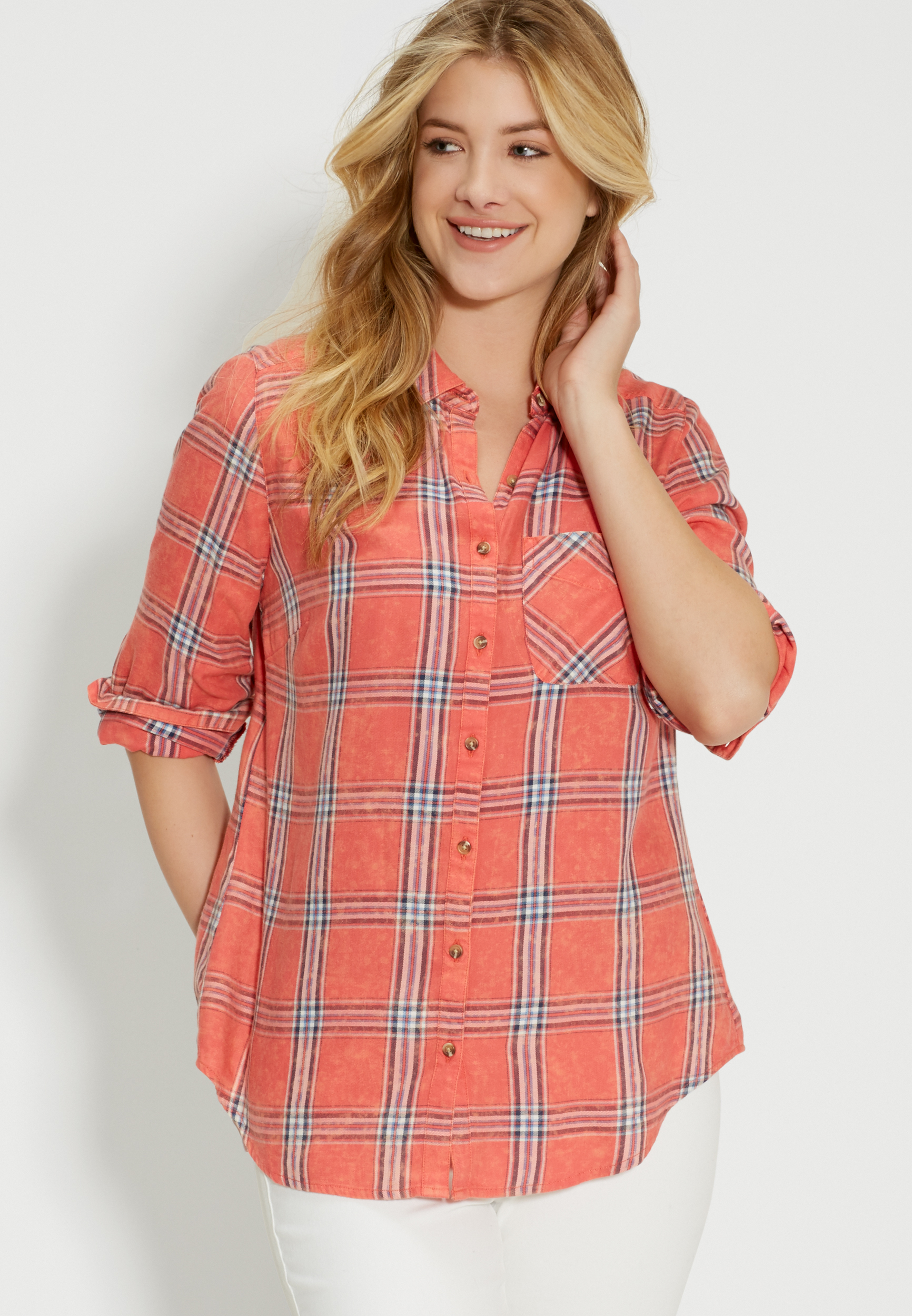 button down plaid shirt in distressed wash | maurices