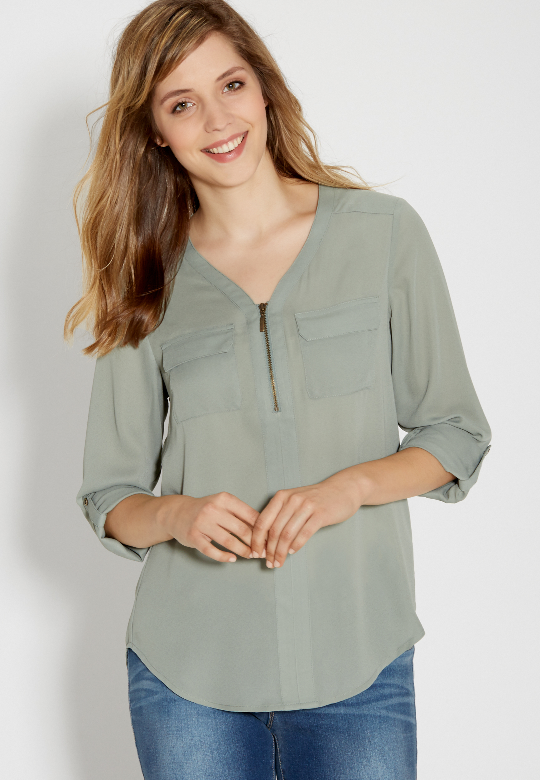 the perfect blouse with zipper v-neck in mossy green | maurices