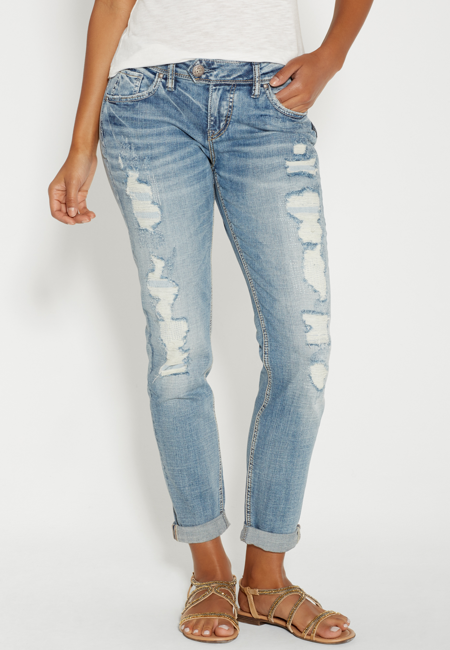 Silver Jeans Co.® medium wash boyfriend jeans with lined destruction ...