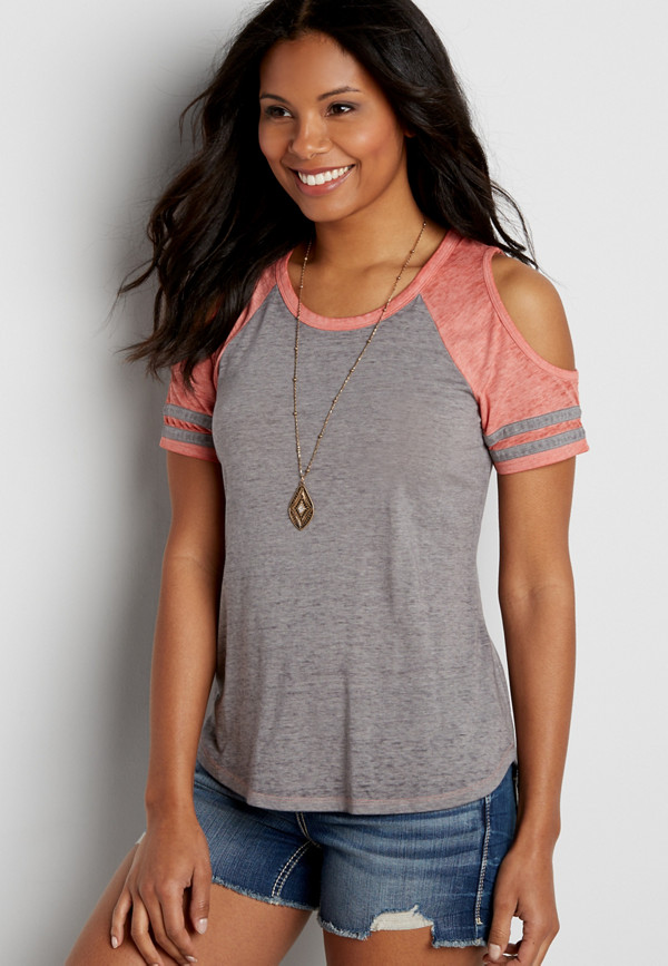 the 24/7 burnwash cold shoulder football tee | maurices