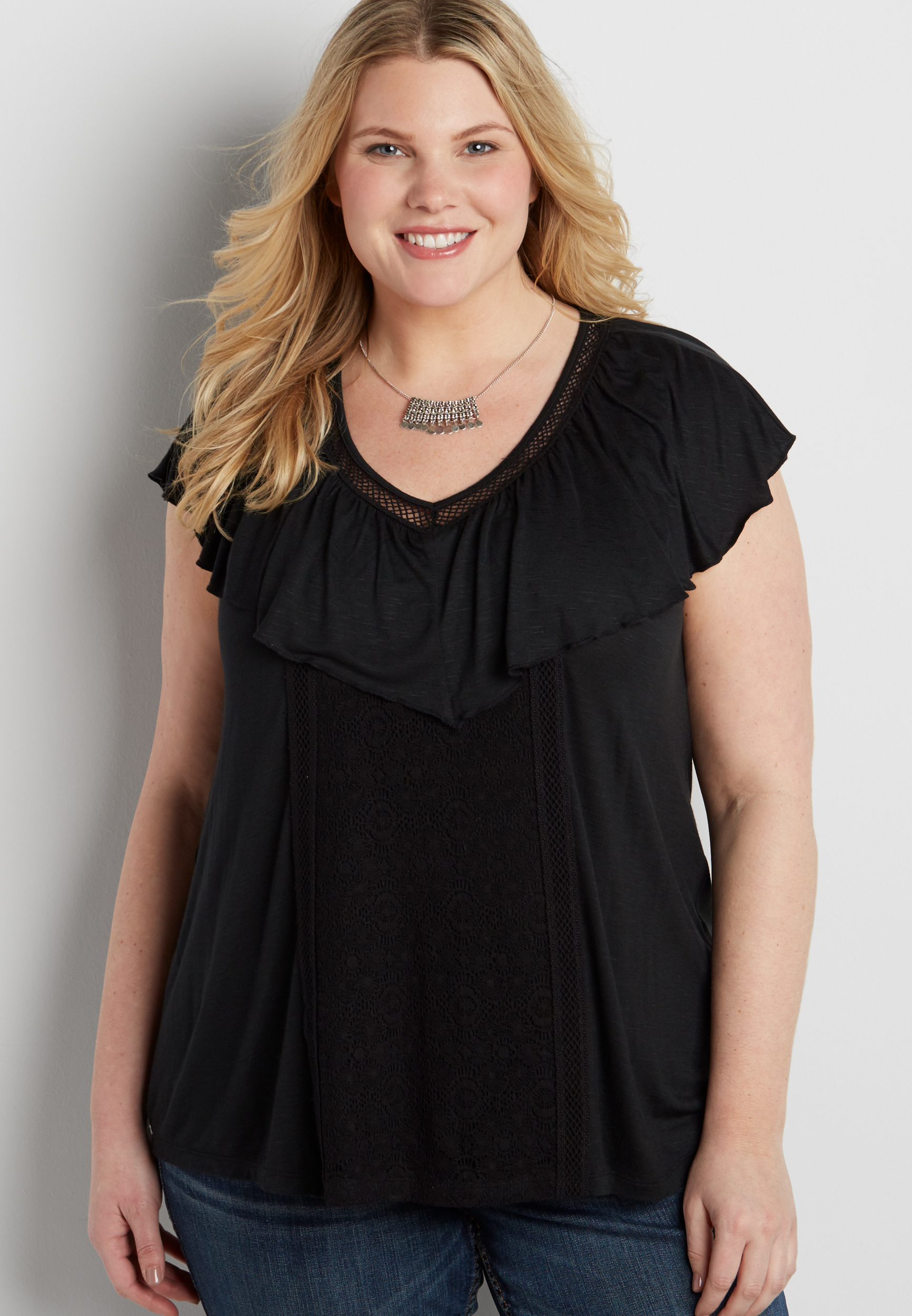 plus size tee with lace overlay and ruffle | maurices
