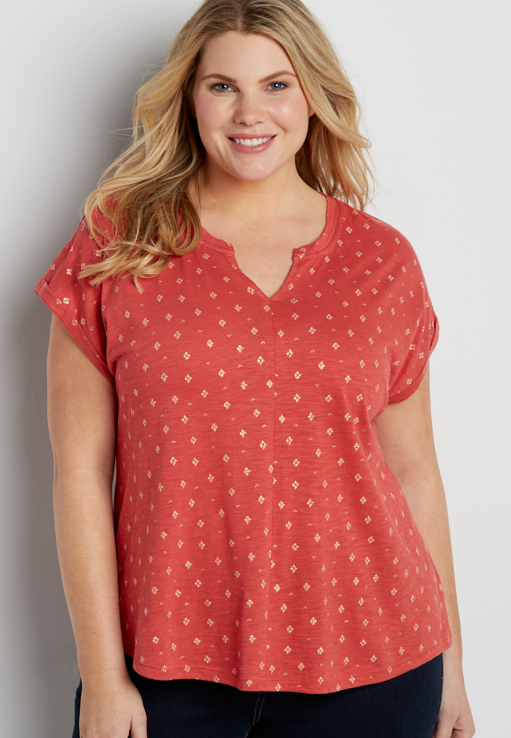 the 24/7 plus size patterned tee with split neckline | maurices
