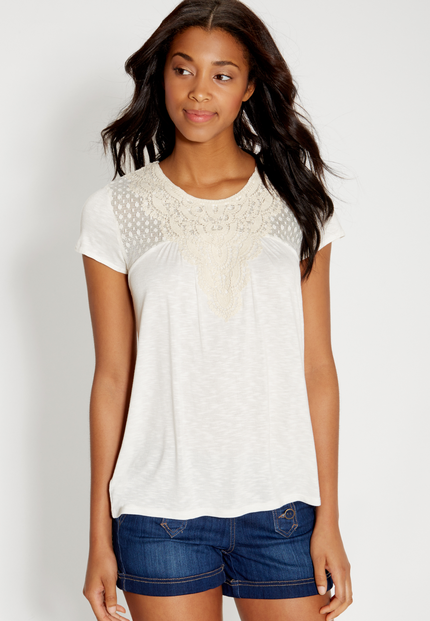 tee with crochet and dot lace yoke | maurices