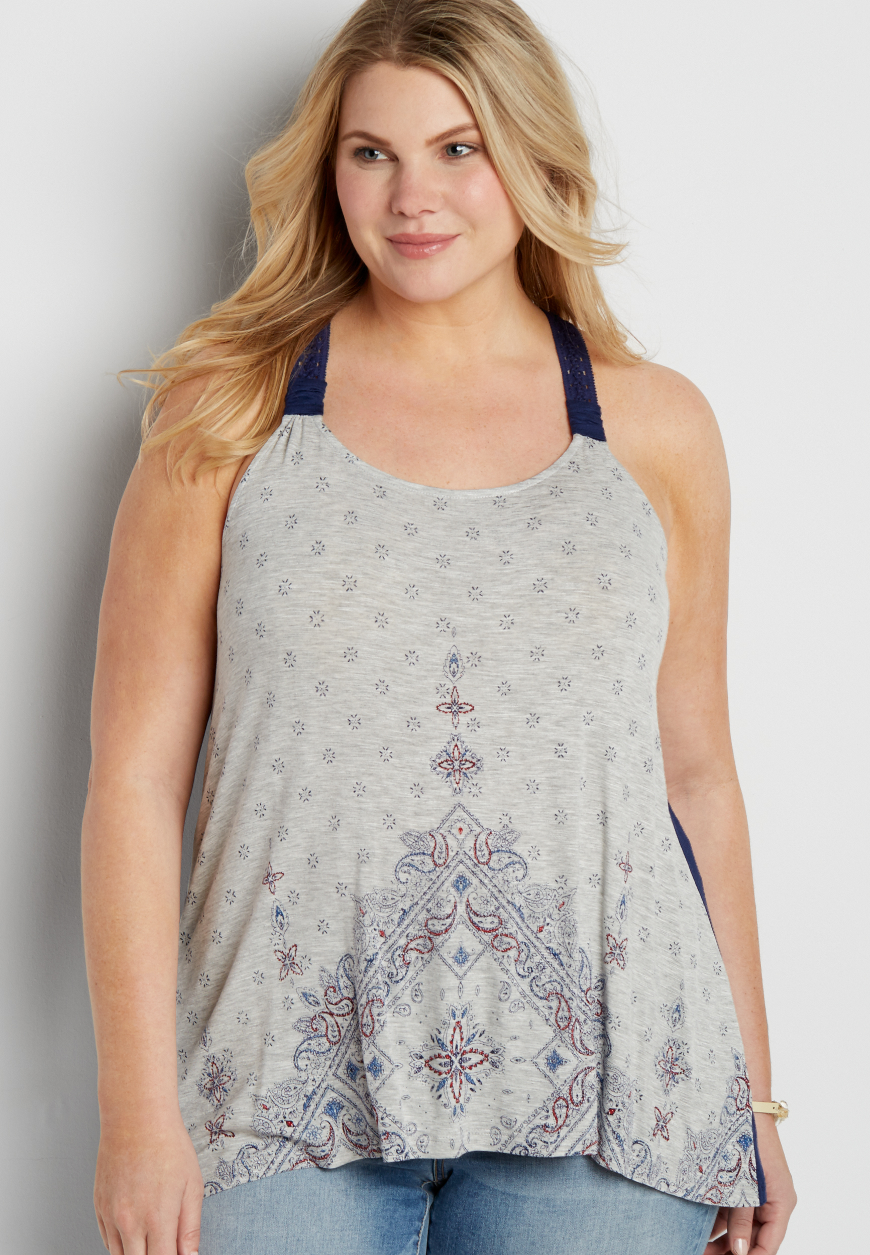 plus size tank with patterned front and crocheted straps | maurices