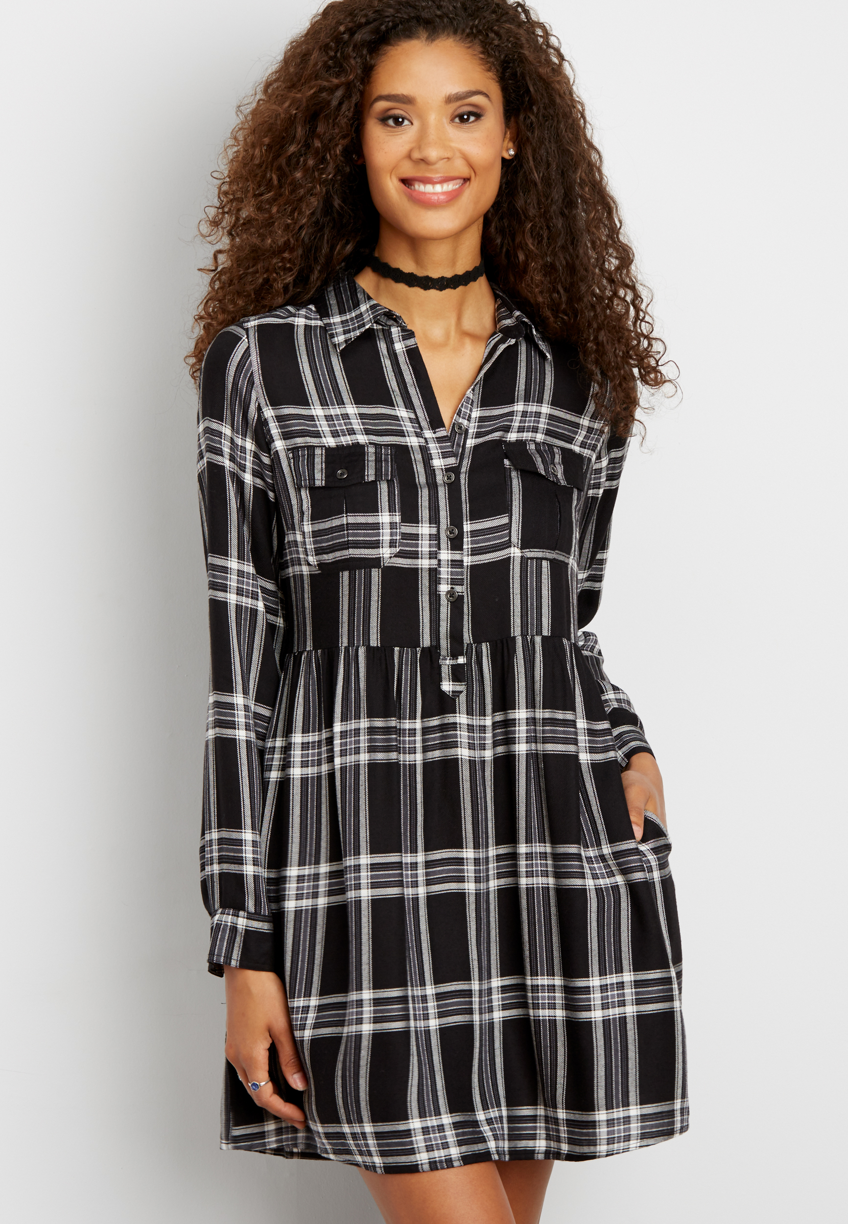 shirtdress in black and gray plaid | maurices