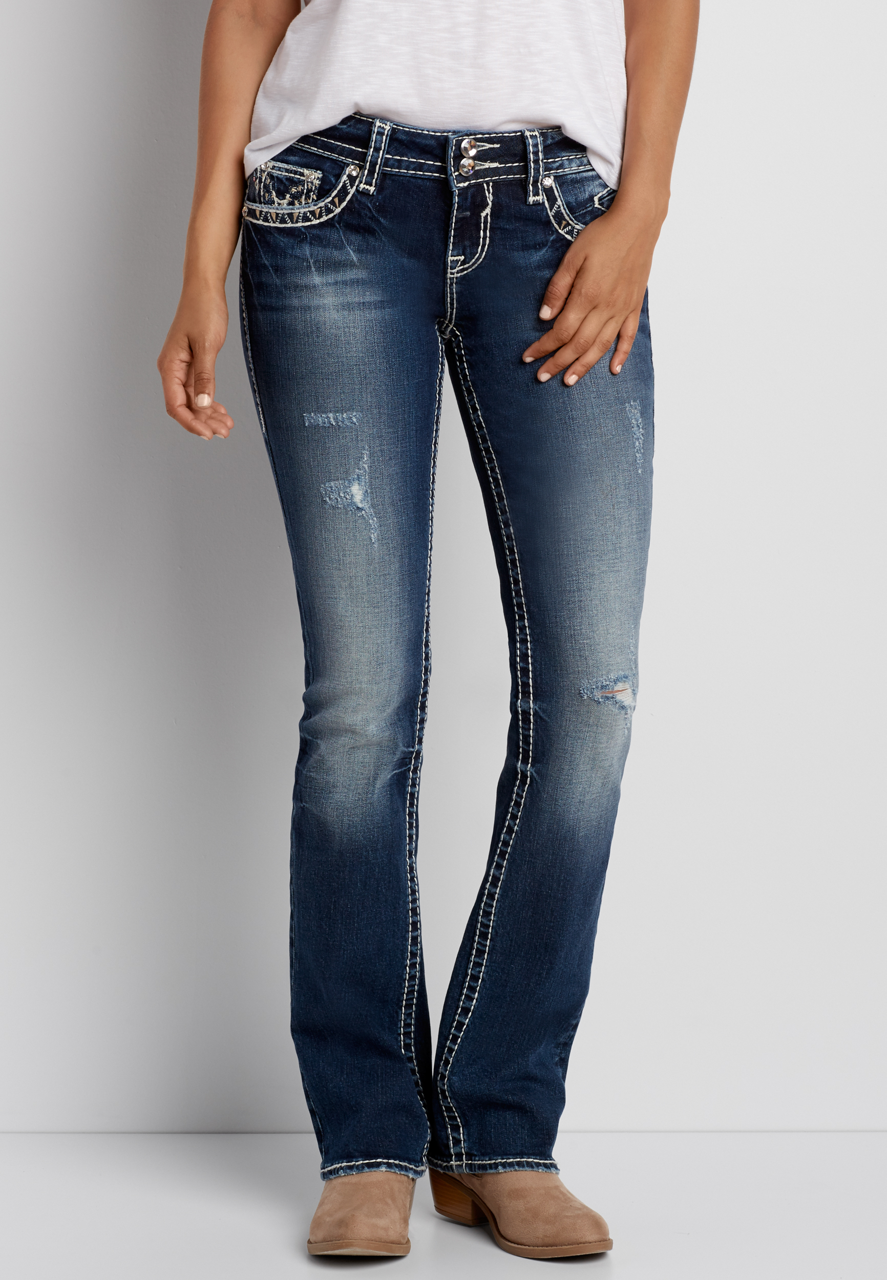 Vigoss® slim boot jeans with metallic blue pocket stitching | maurices