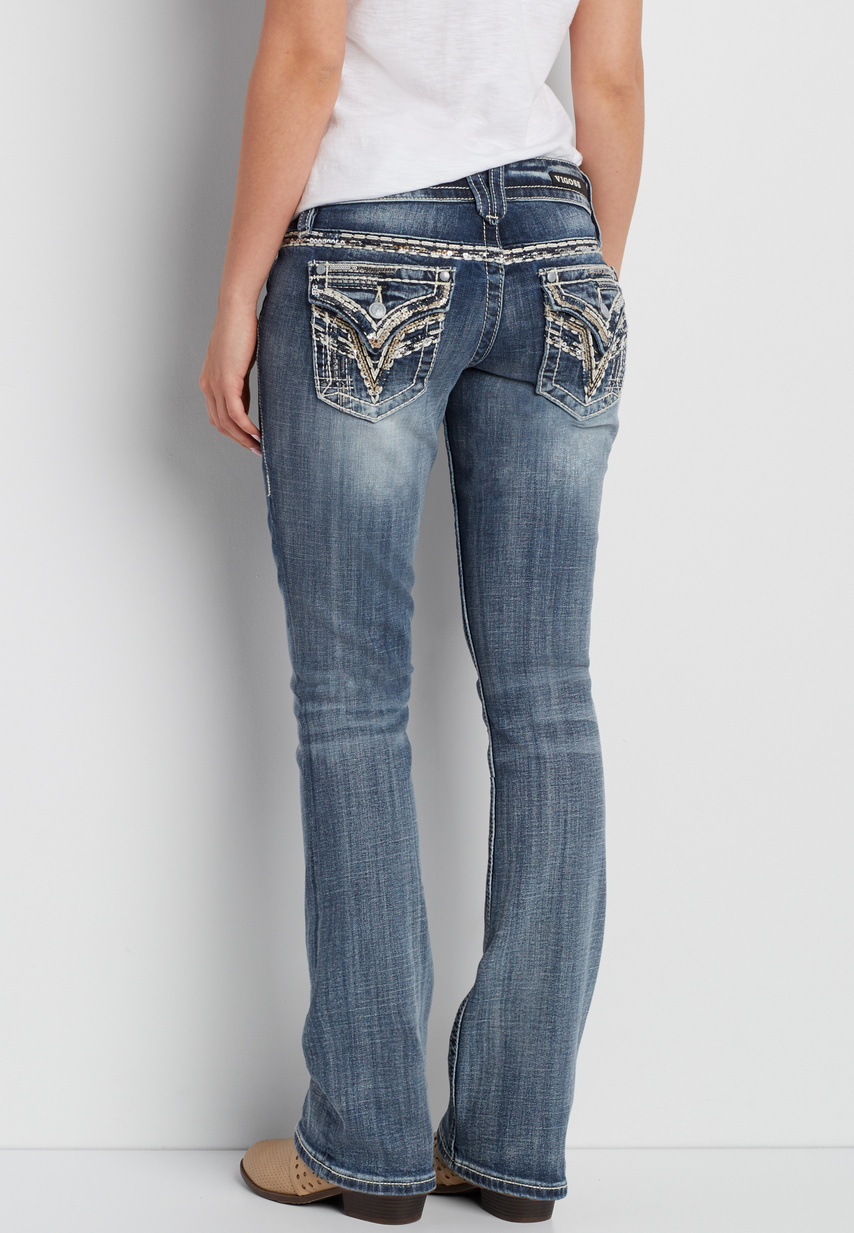 Vigoss® slim boot jeans with sequin embellished back flap pockets ...