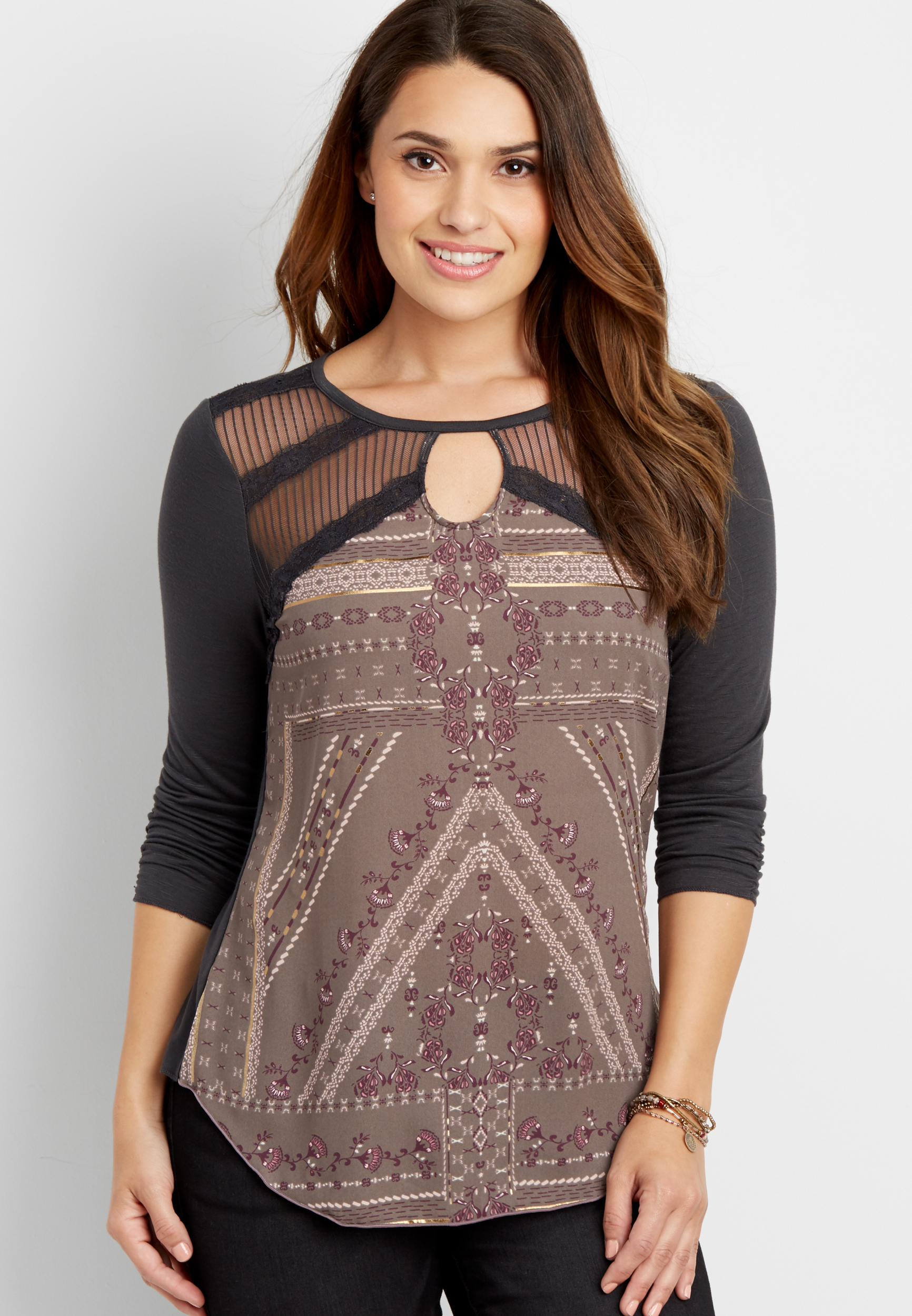 tee with lace yoke and patterned chiffon front | maurices