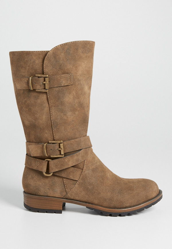 Sarah distressed faux suede boot with buckles in tan | maurices