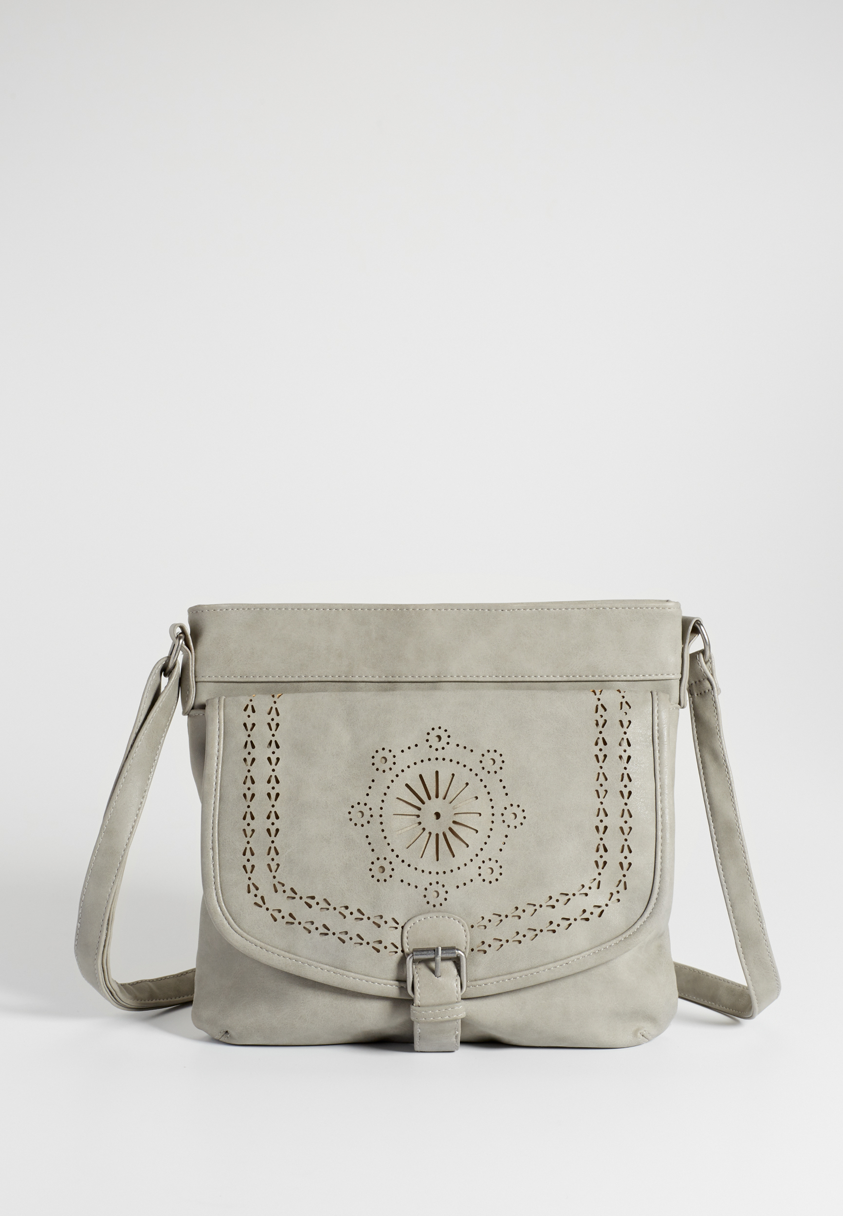 crossbody bag with laser cut flap design in gray maurices