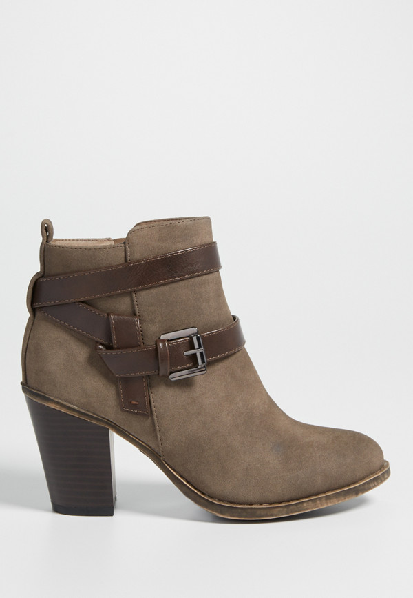 Joslyn faux suede heeled bootie with buckle strap | maurices