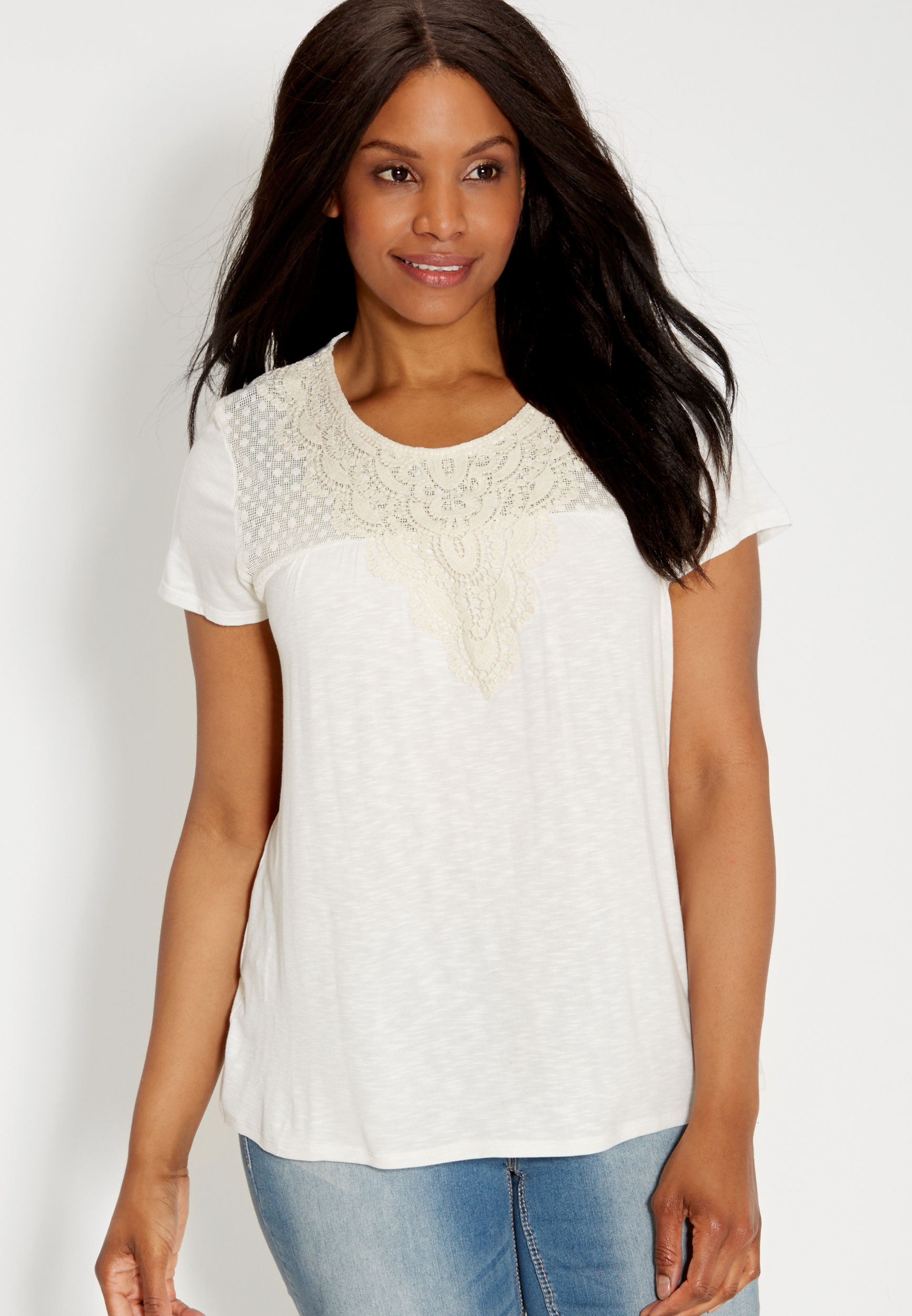 plus size tee with crochet and dot lace yoke | maurices