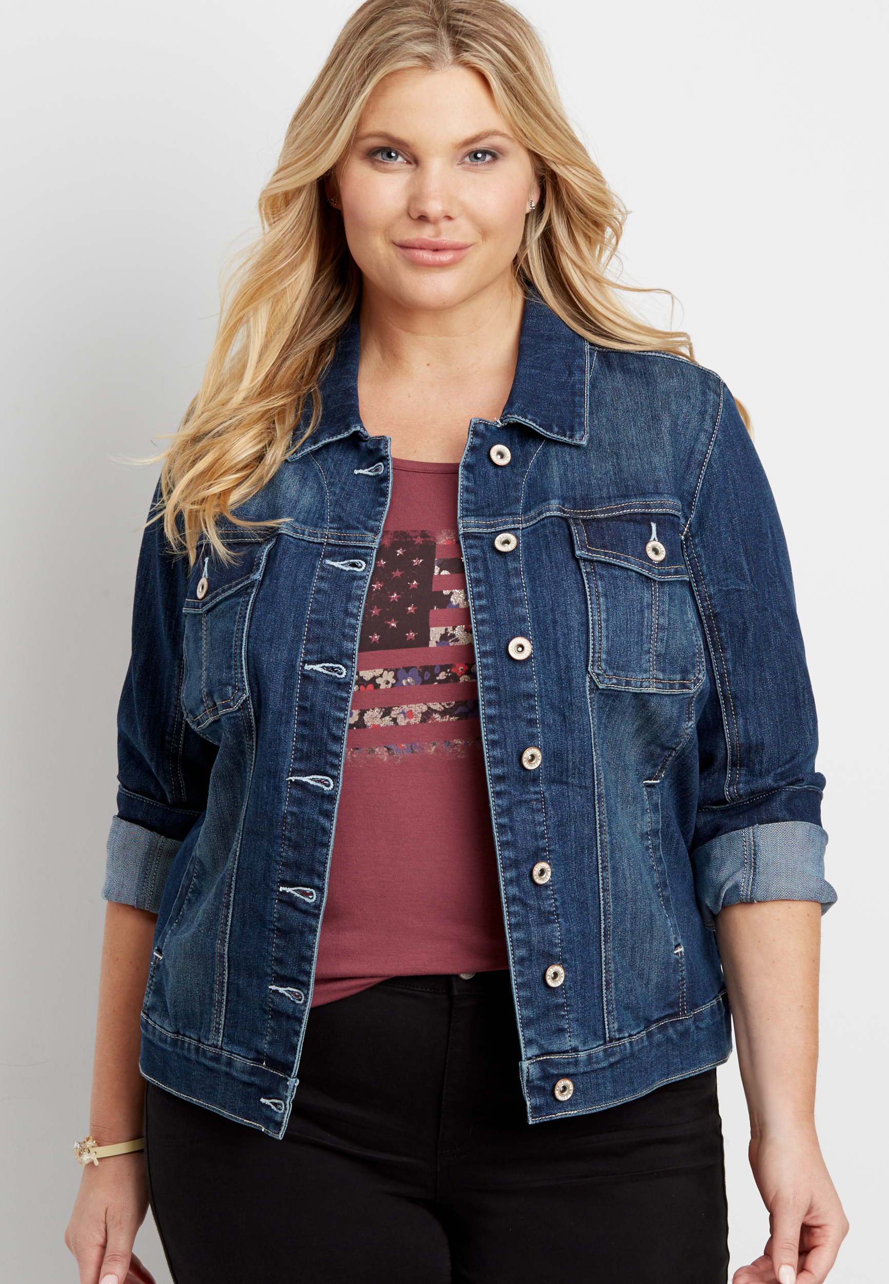 plus size denim boyfriend jacket in dark wash | maurices