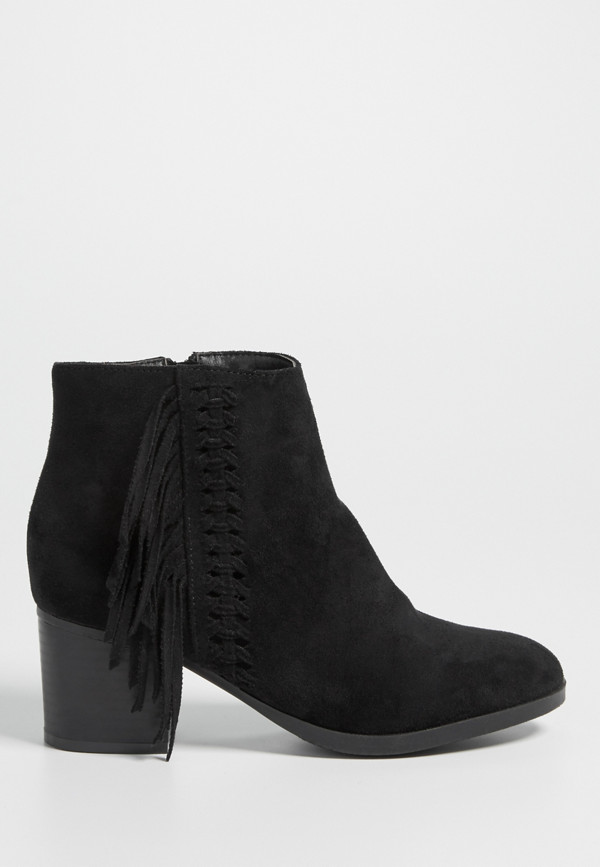 Jill faux suede heeled bootie with fringe in black | maurices