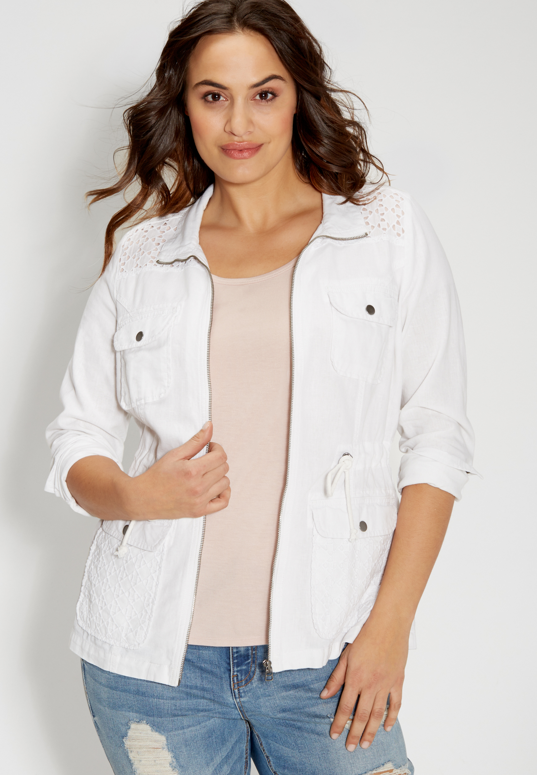 plus size white anorak jacket with openwork maurices