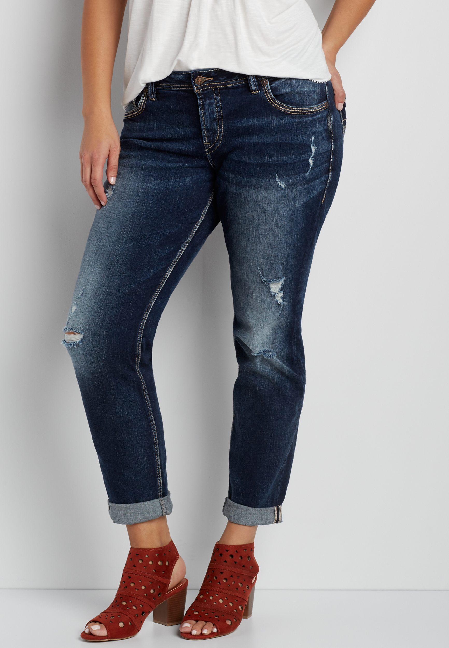 Silver Jeans Co.® plus size fluid boyfriend jeans with destruction