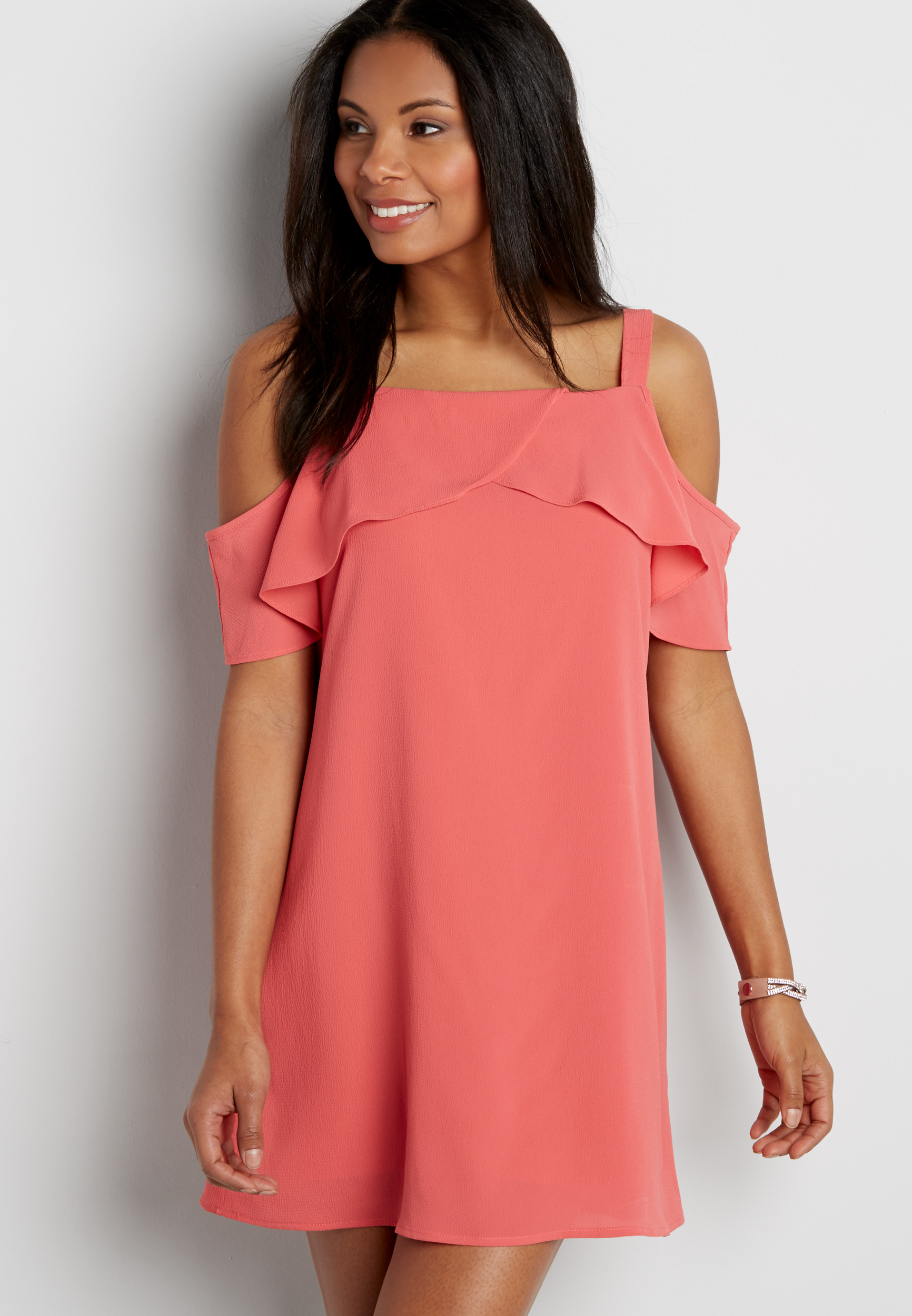 cold shoulder shift dress with ruffles | maurices