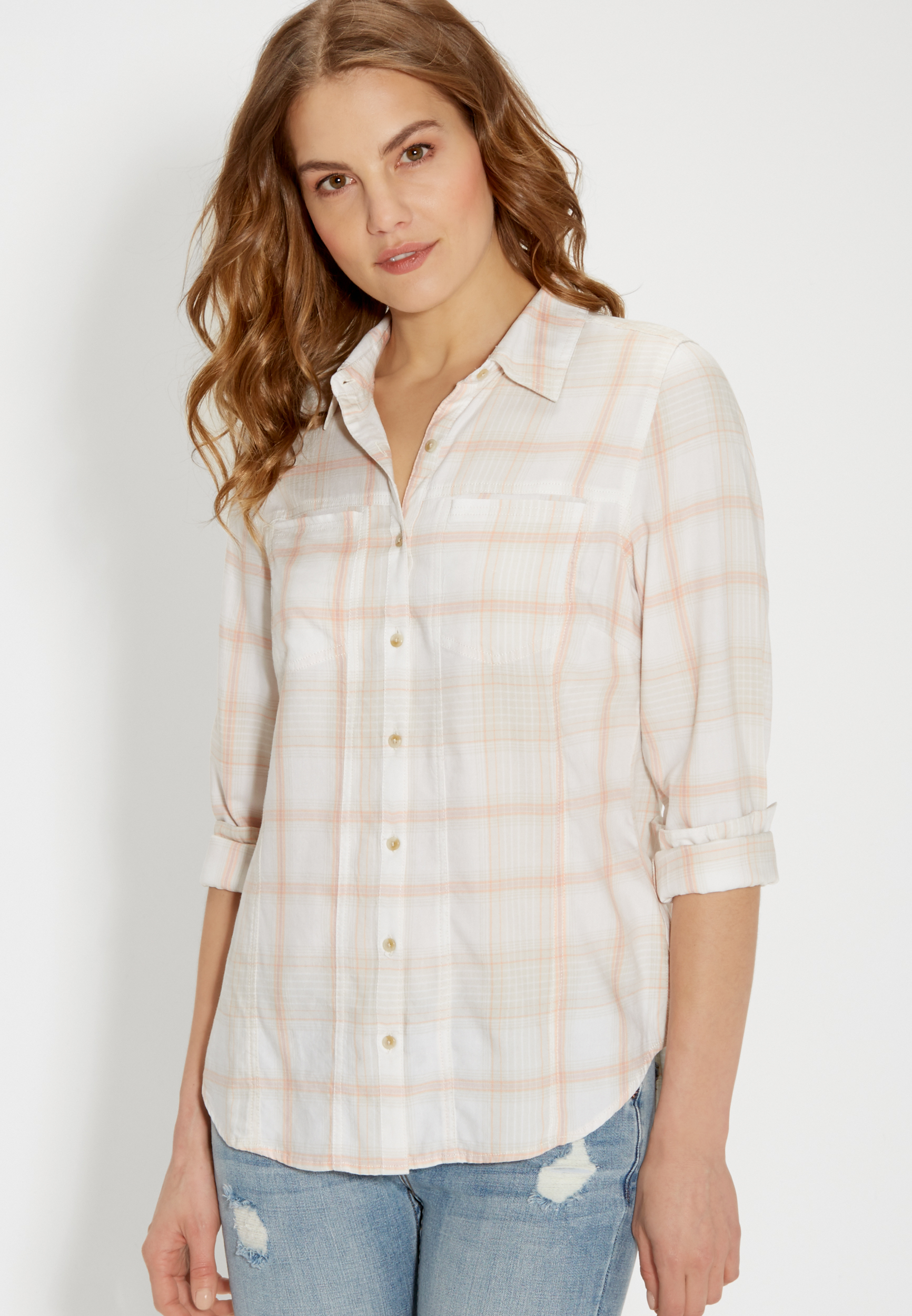 button down plaid shirt with high-low hem | maurices