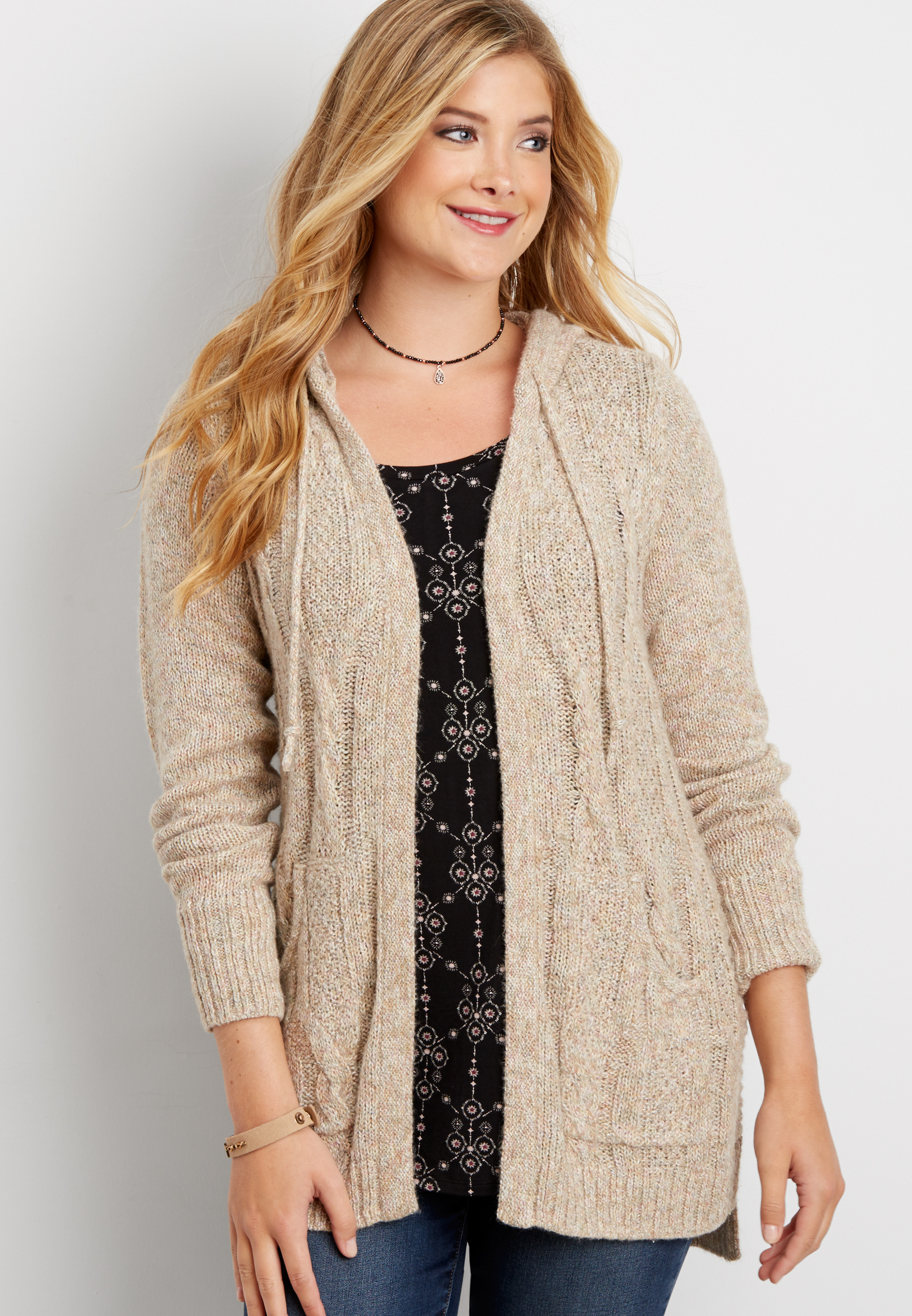 hooded cable knit cardigan with pockets | maurices